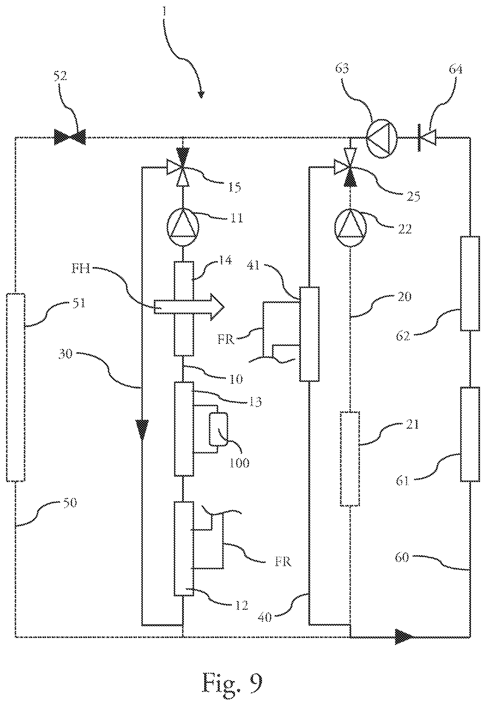 Patent US12325281 Figure 9 – Heat transfer liquid circuit