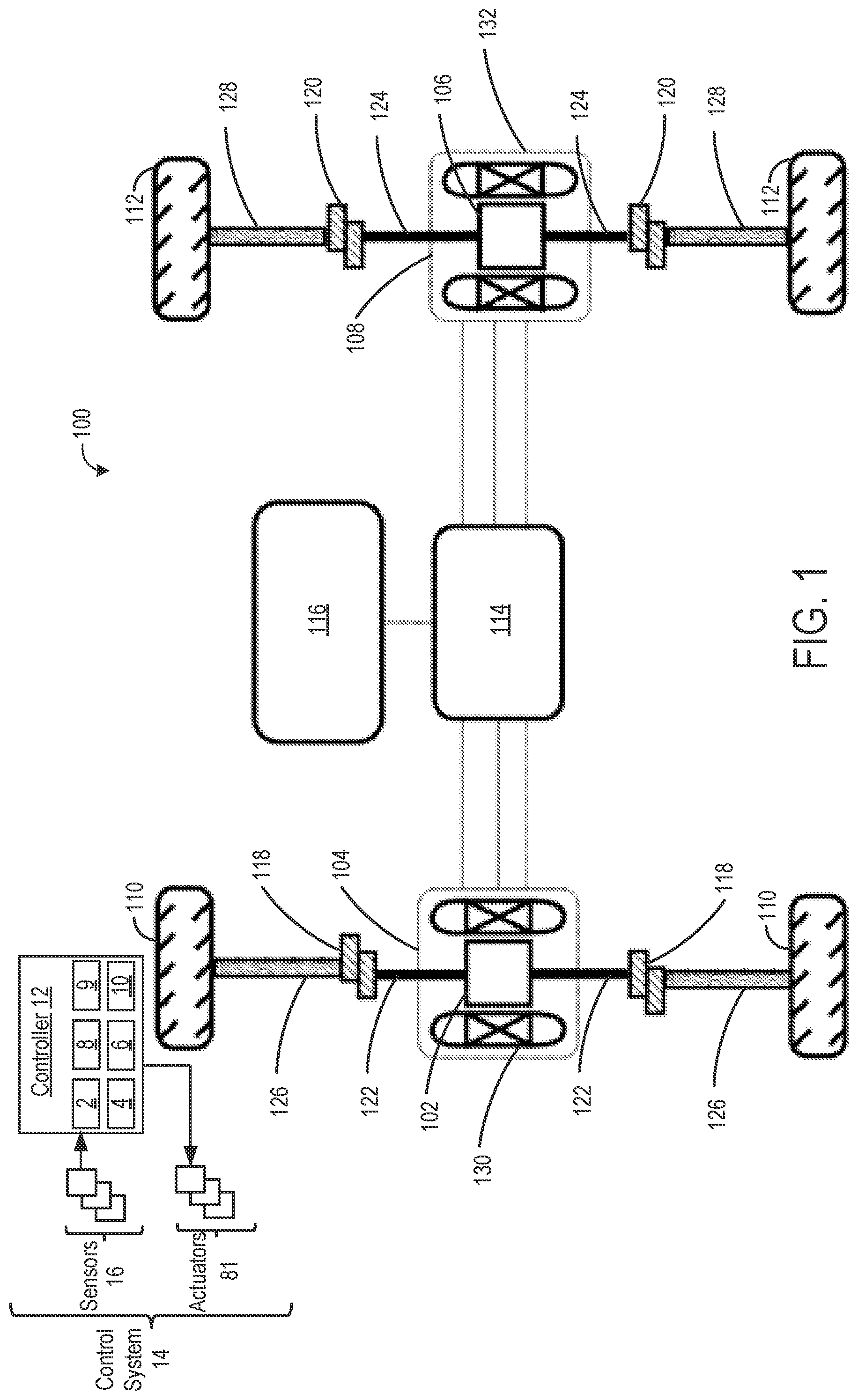 Patent US12325310 Figure 1 – Clunk and shuffle management in multi-motor, multi-axle electrified drivetrains