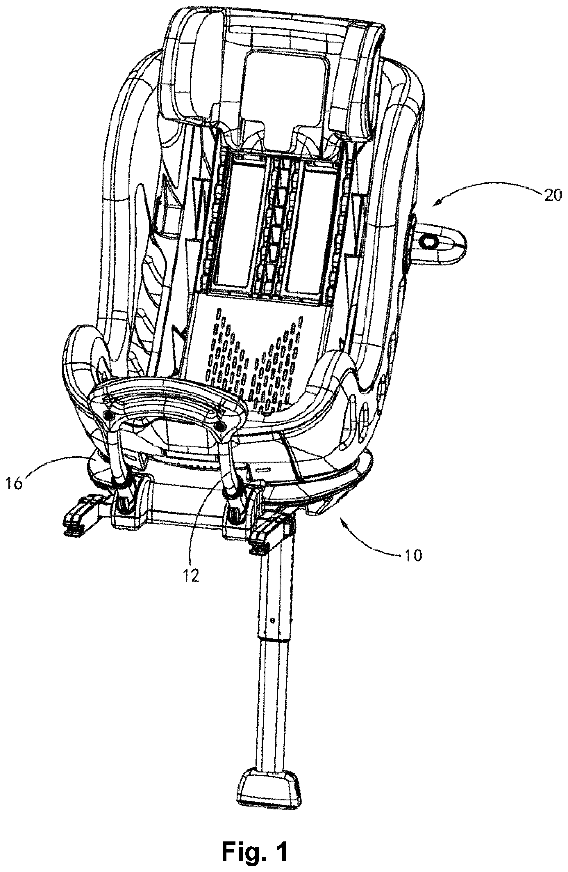 Patent US12325334 Figure 1 – Adjustable mount and child safety seat