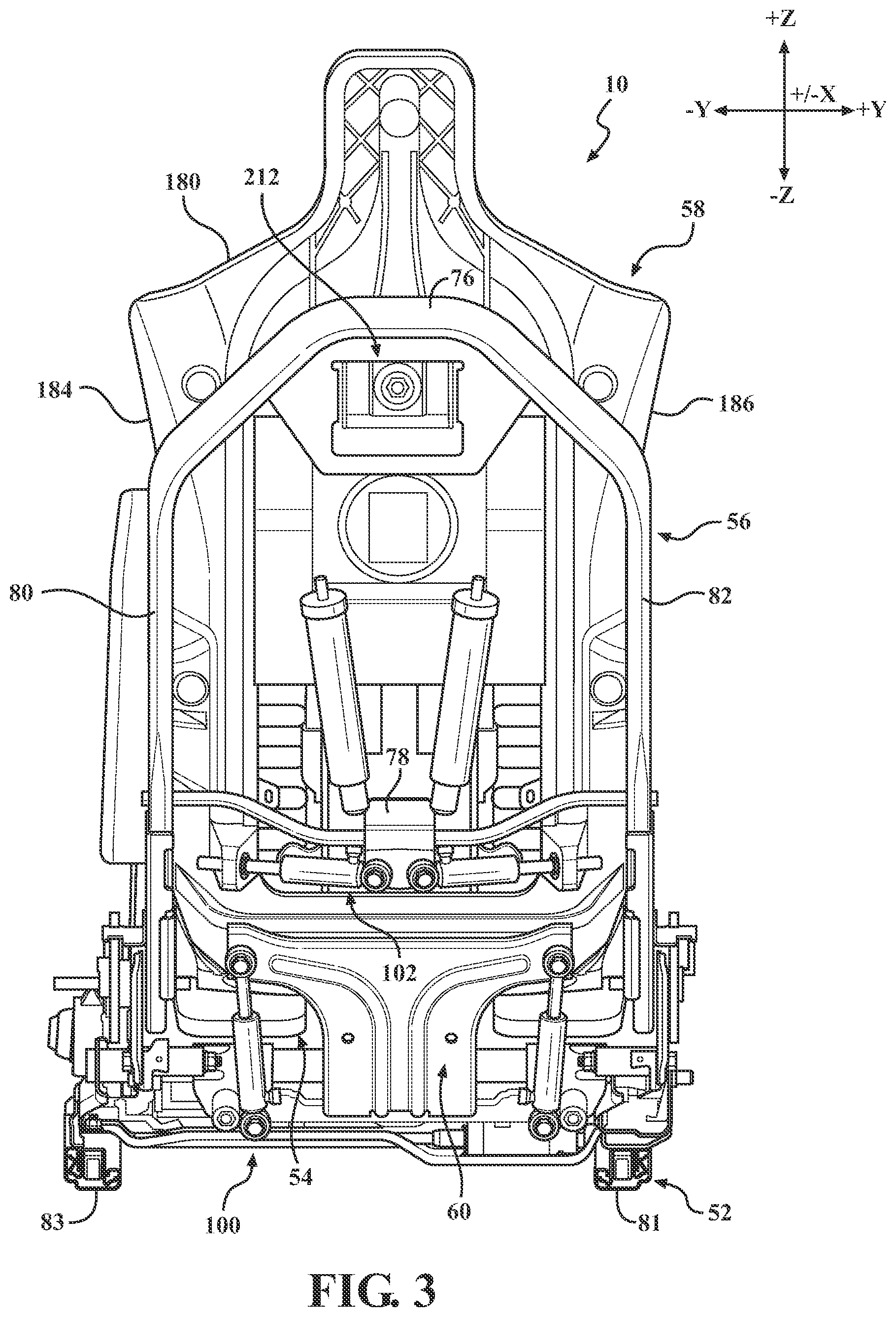Patent US12325341 Figure 3 – Seat assemblies having fixed frames and movable seat cushions and movable seat backs with power lumbar mechanisms, tilt mechanisms, and heating/cooling mechanisms