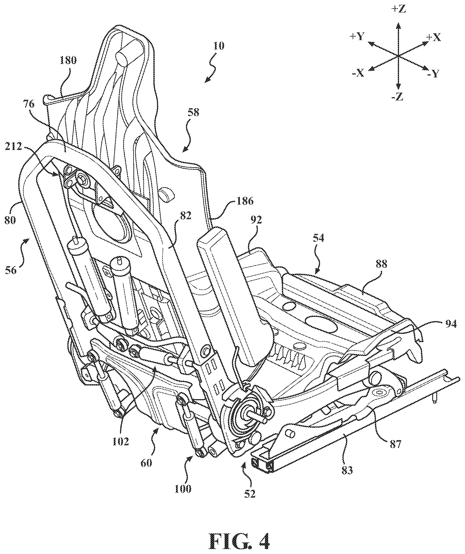 Patent US12325341 Figure 4 – Seat assemblies having fixed frames and movable seat cushions and movable seat backs with power lumbar mechanisms, tilt mechanisms, and heating/cooling mechanisms
