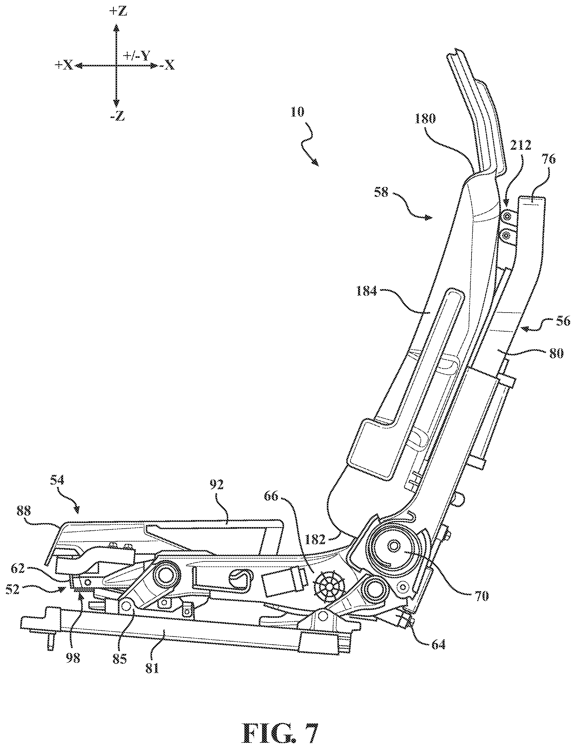 Patent US12325341 Figure 7 – Seat assemblies having fixed frames and movable seat cushions and movable seat backs with power lumbar mechanisms, tilt mechanisms, and heating/cooling mechanisms