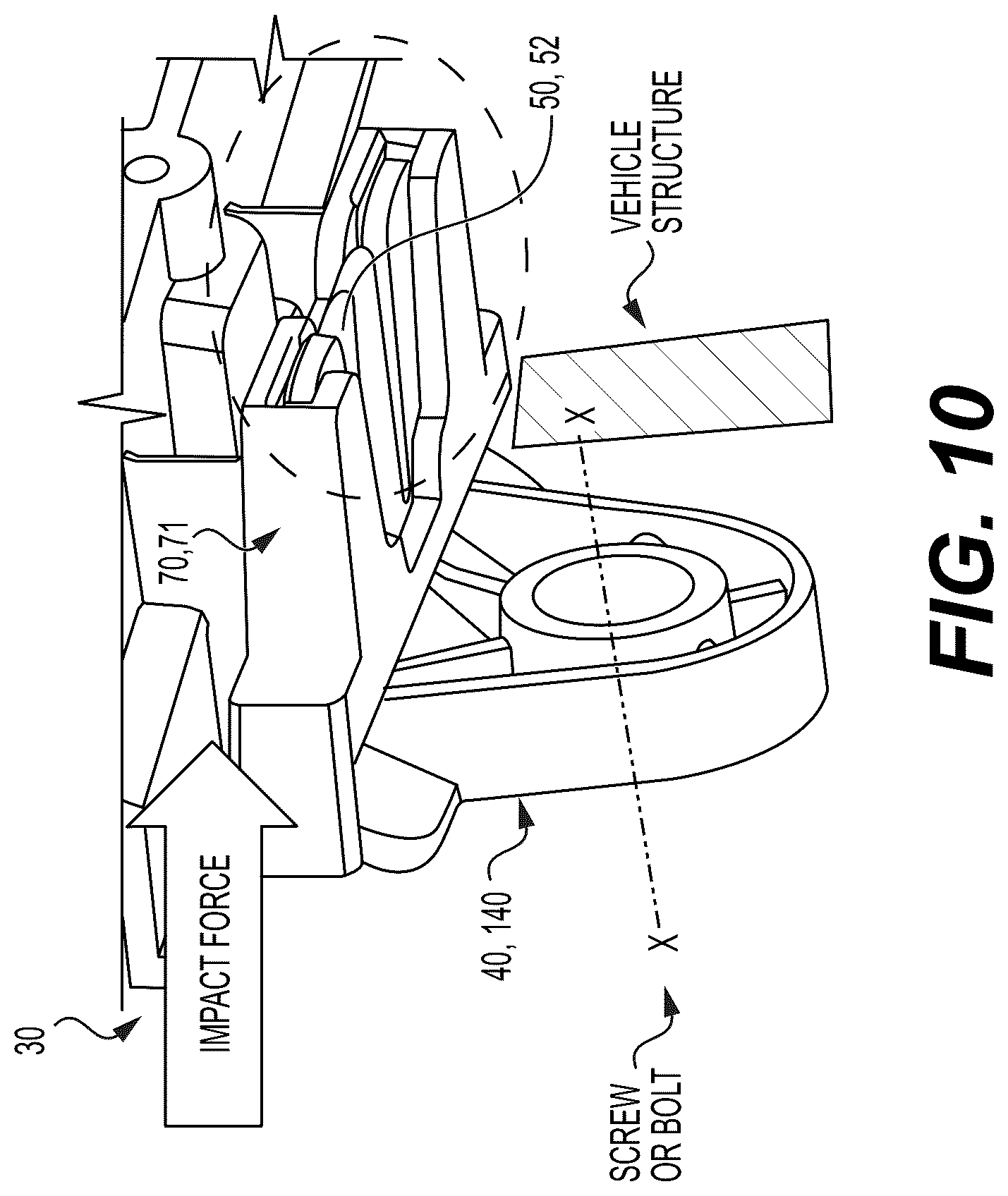 Patent US12325351 Figure 11 – Headlight assembly with releasable bracket for pedestrian protection (PedPro)