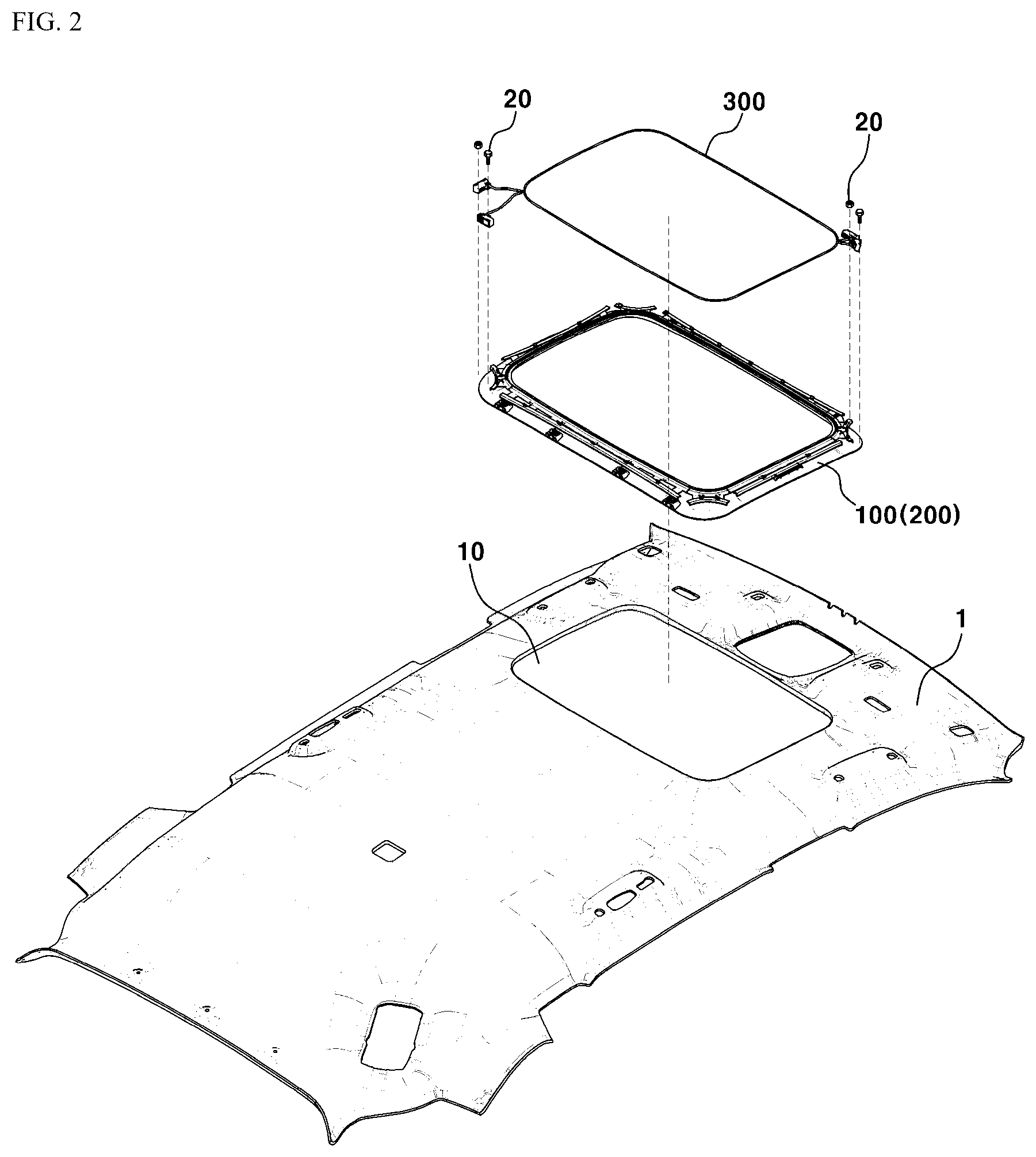 Patent US12325356 Figure 2 – Injection bracket device applied to roof opening for vehicle