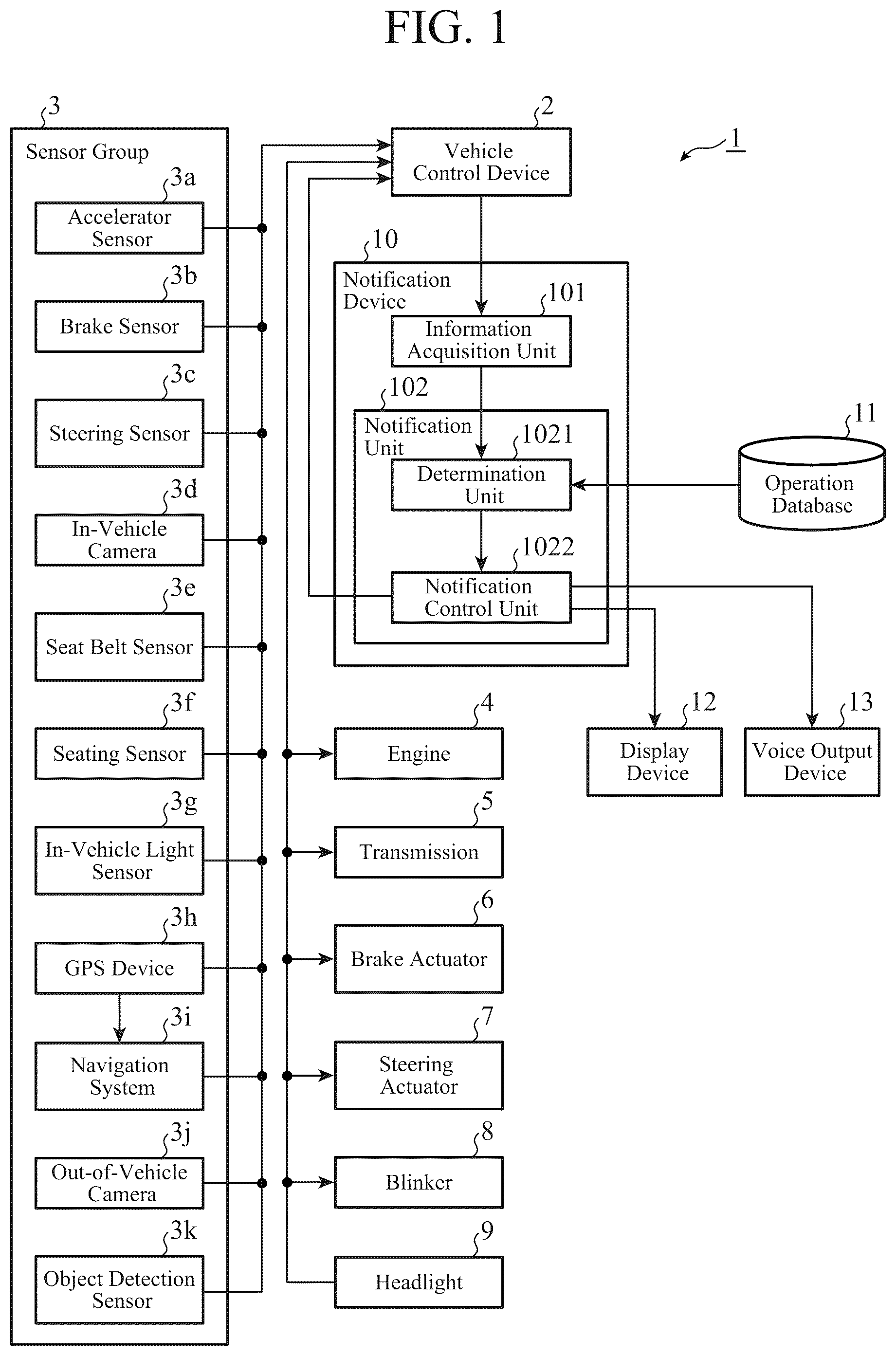 Patent US12325454 Figure 1 – Notification device and notification method