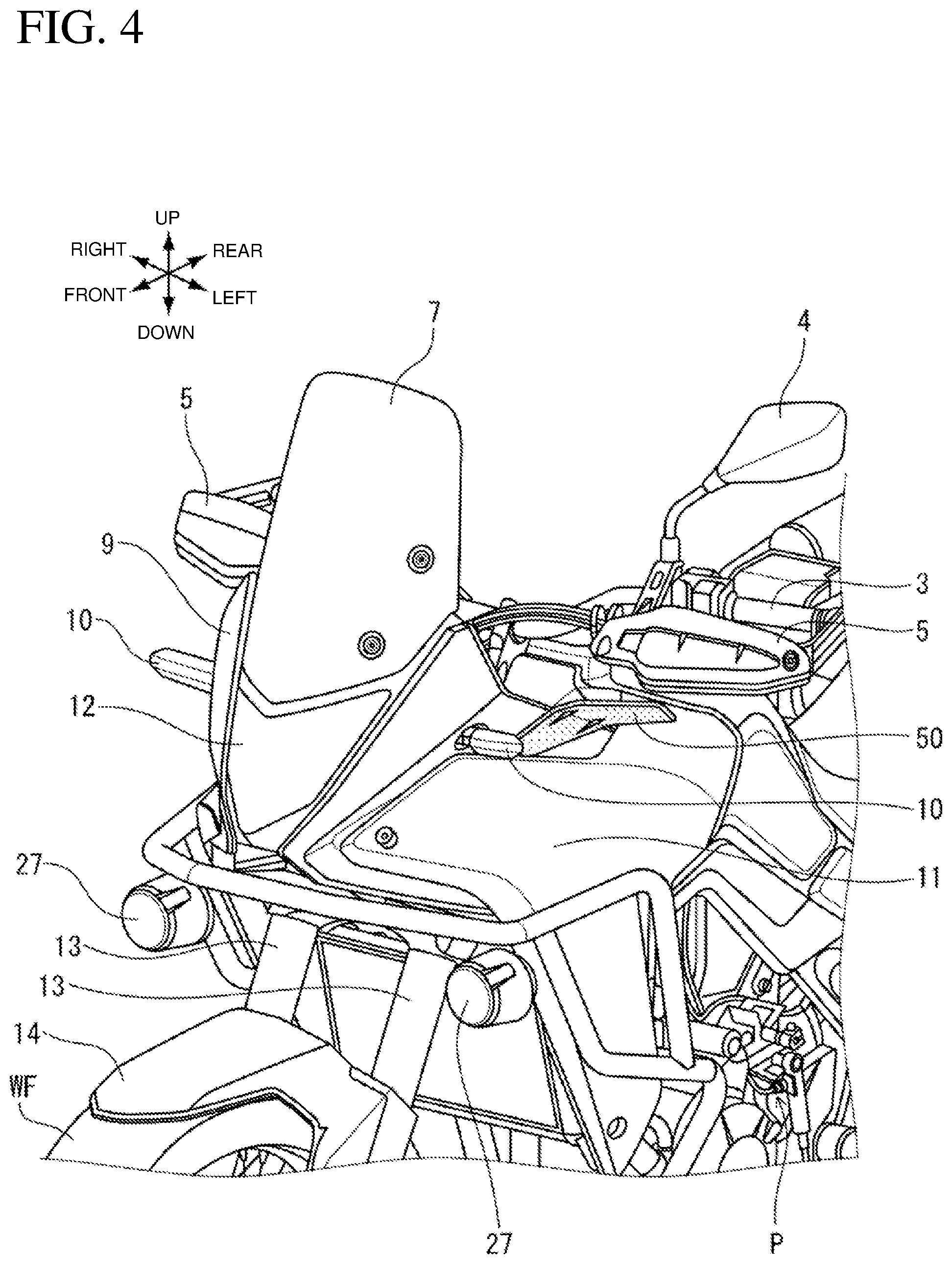 Patent US12325479 Figure 4 – Saddled vehicle with unobtrusive air guide mounting