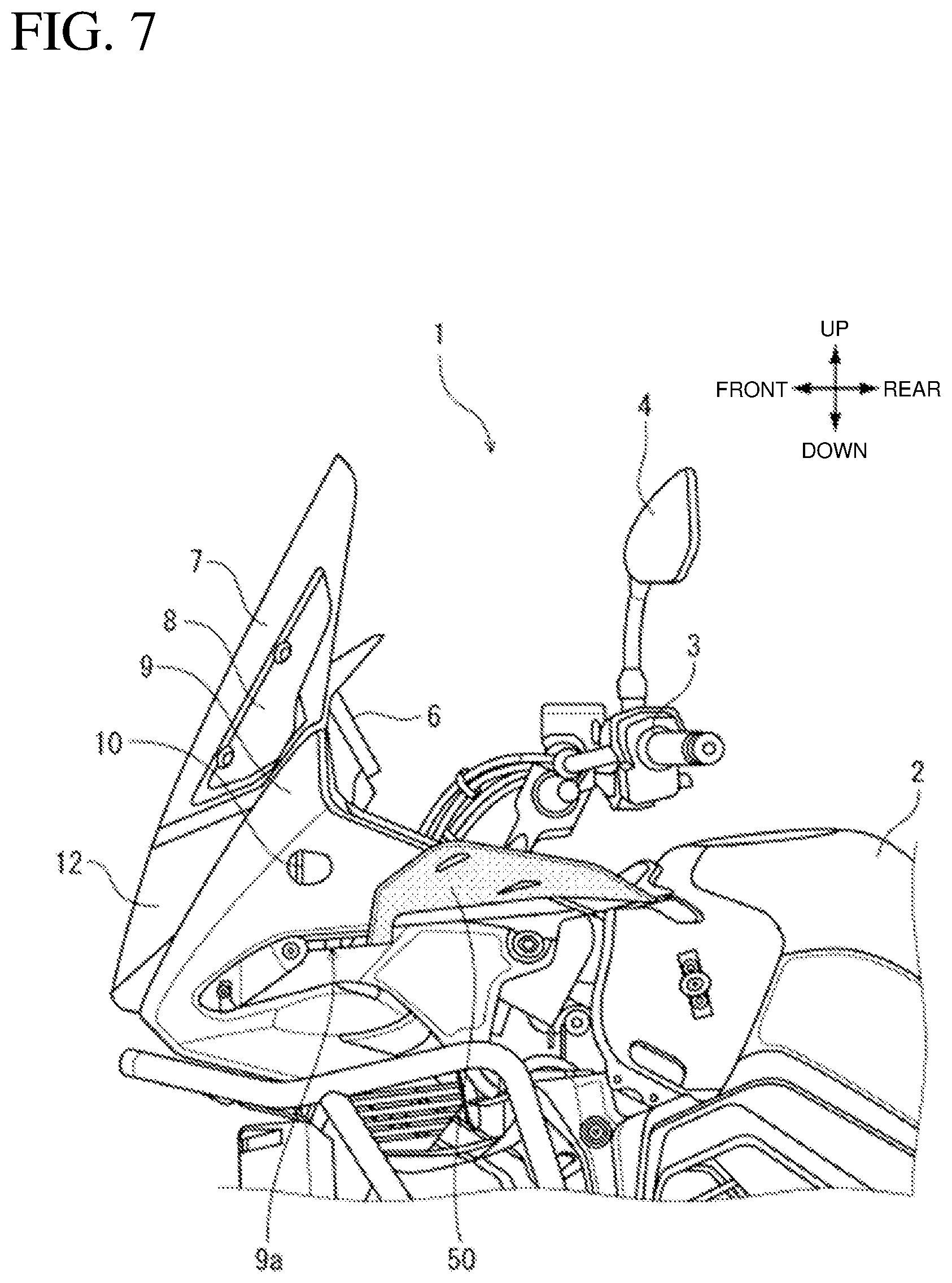 Patent US12325479 Figure 7 – Saddled vehicle with unobtrusive air guide mounting