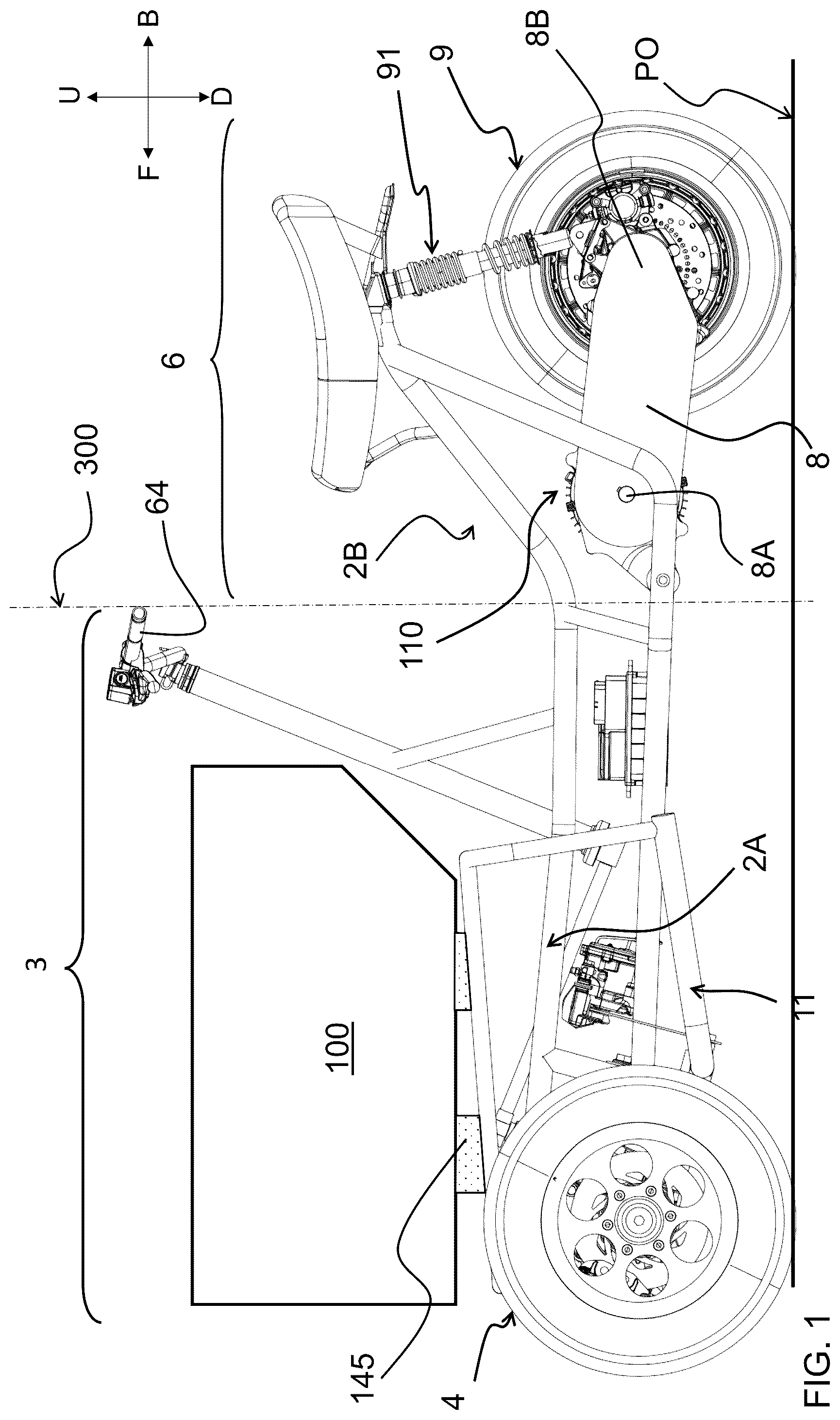 Patent US12325483 Figure 1 – Saddle riding rolling loading surface placed above the upper cross member of the rolling four-bar linkage