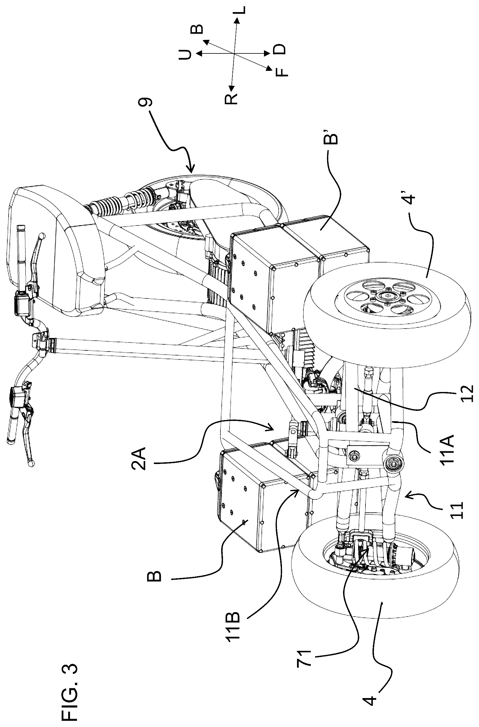 Patent US12325483 Figure 3 – Saddle riding rolling loading surface placed above the upper cross member of the rolling four-bar linkage