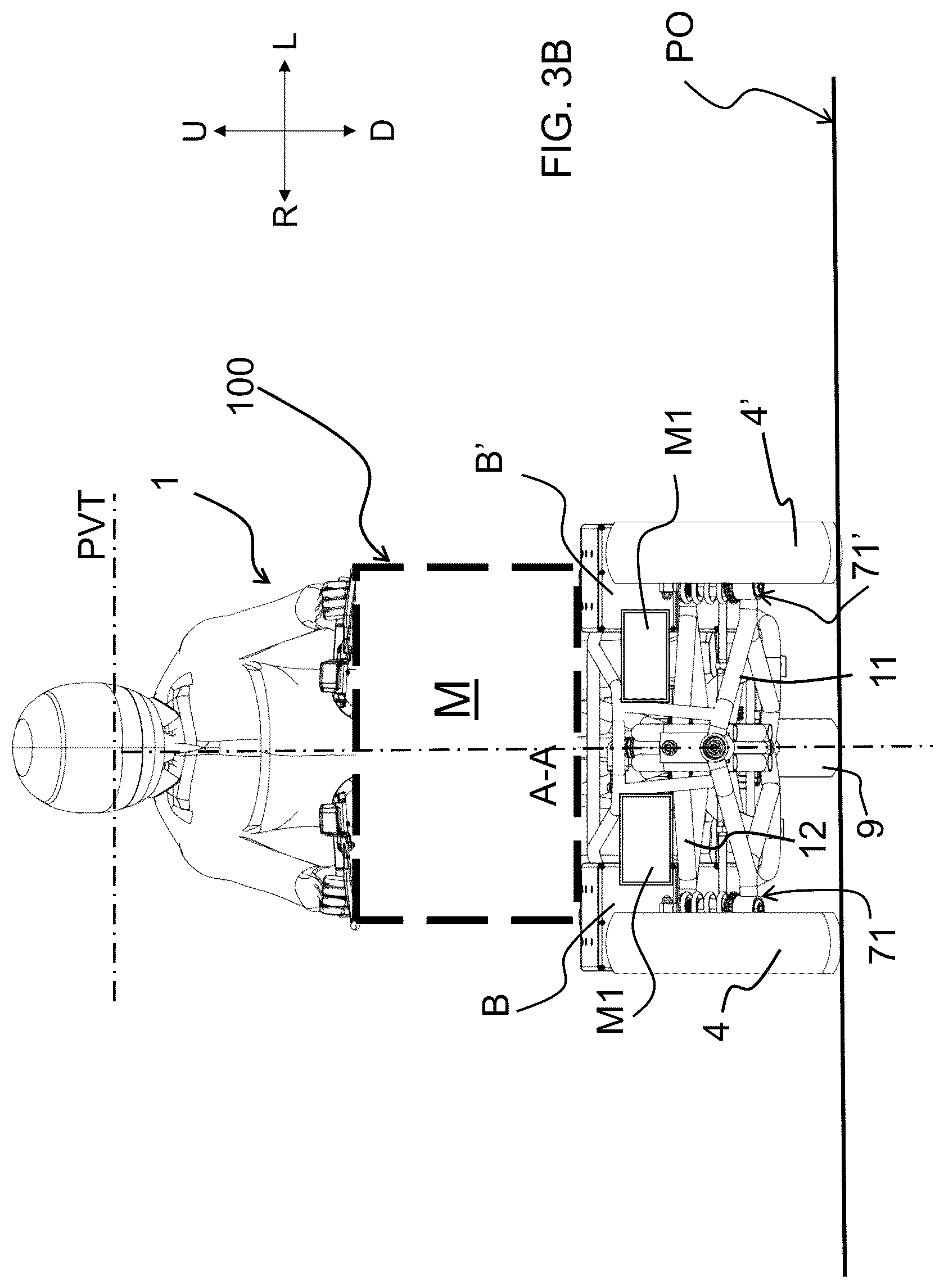 Patent US12325483 Figure 5 – Saddle riding rolling loading surface placed above the upper cross member of the rolling four-bar linkage