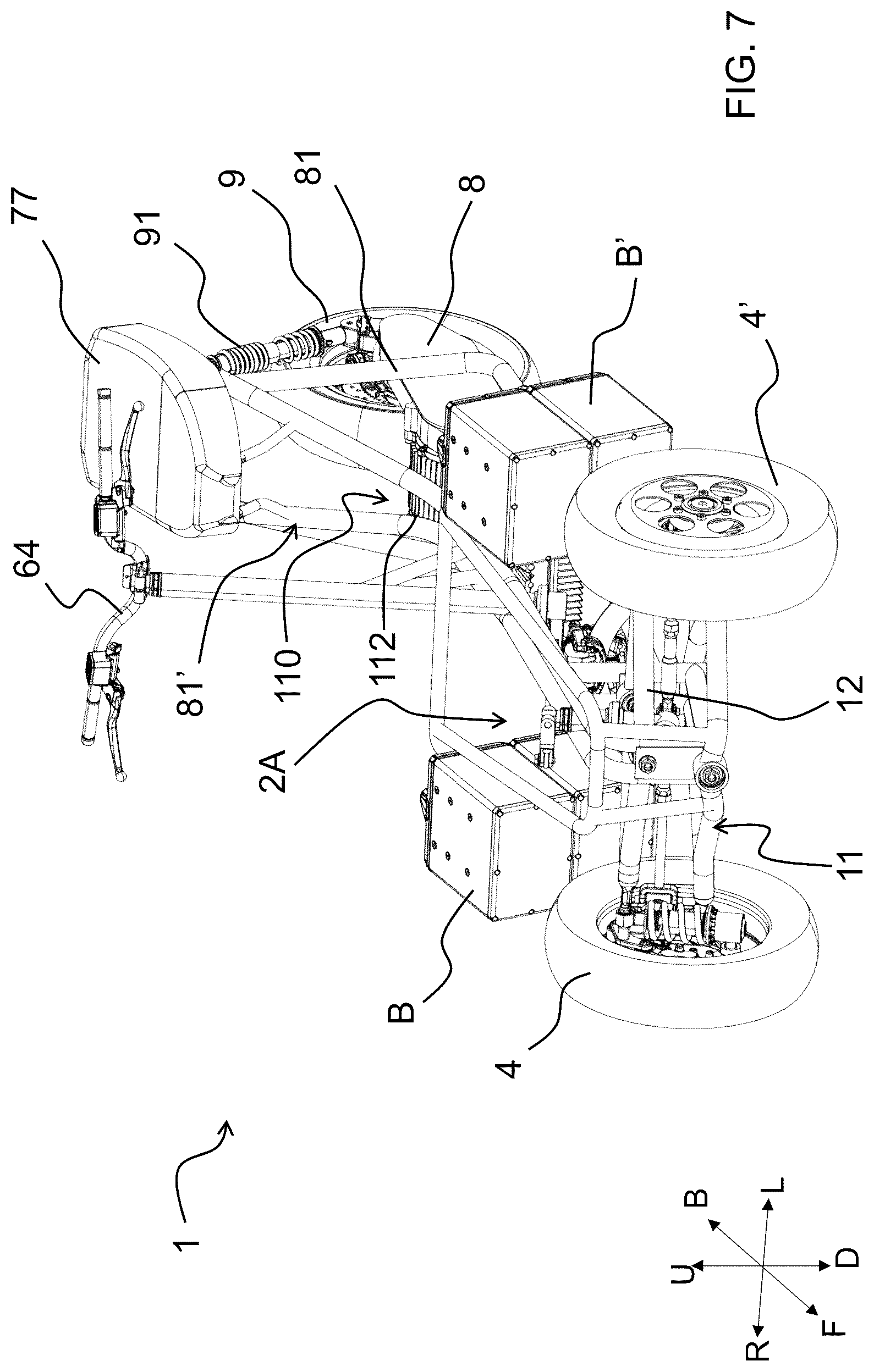 Patent US12325483 Figure 12 – Saddle riding rolling loading surface placed above the upper cross member of the rolling four-bar linkage