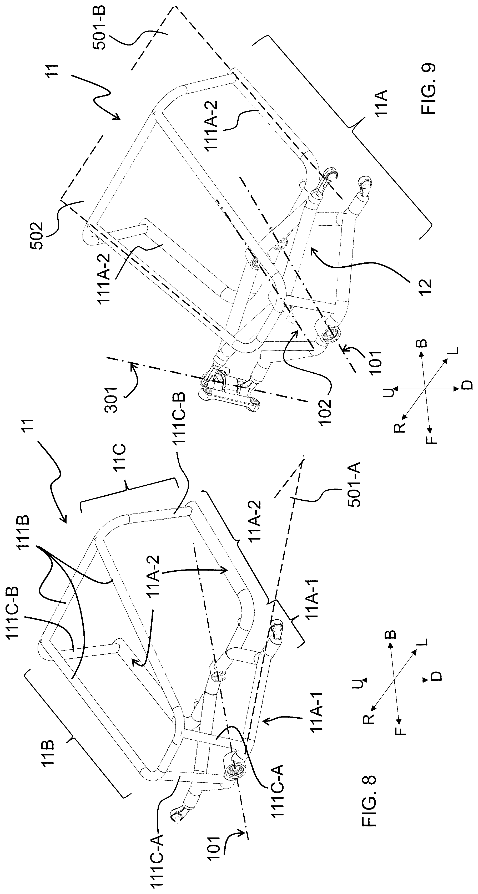 Patent US12325483 Figure 13 – Saddle riding rolling loading surface placed above the upper cross member of the rolling four-bar linkage
