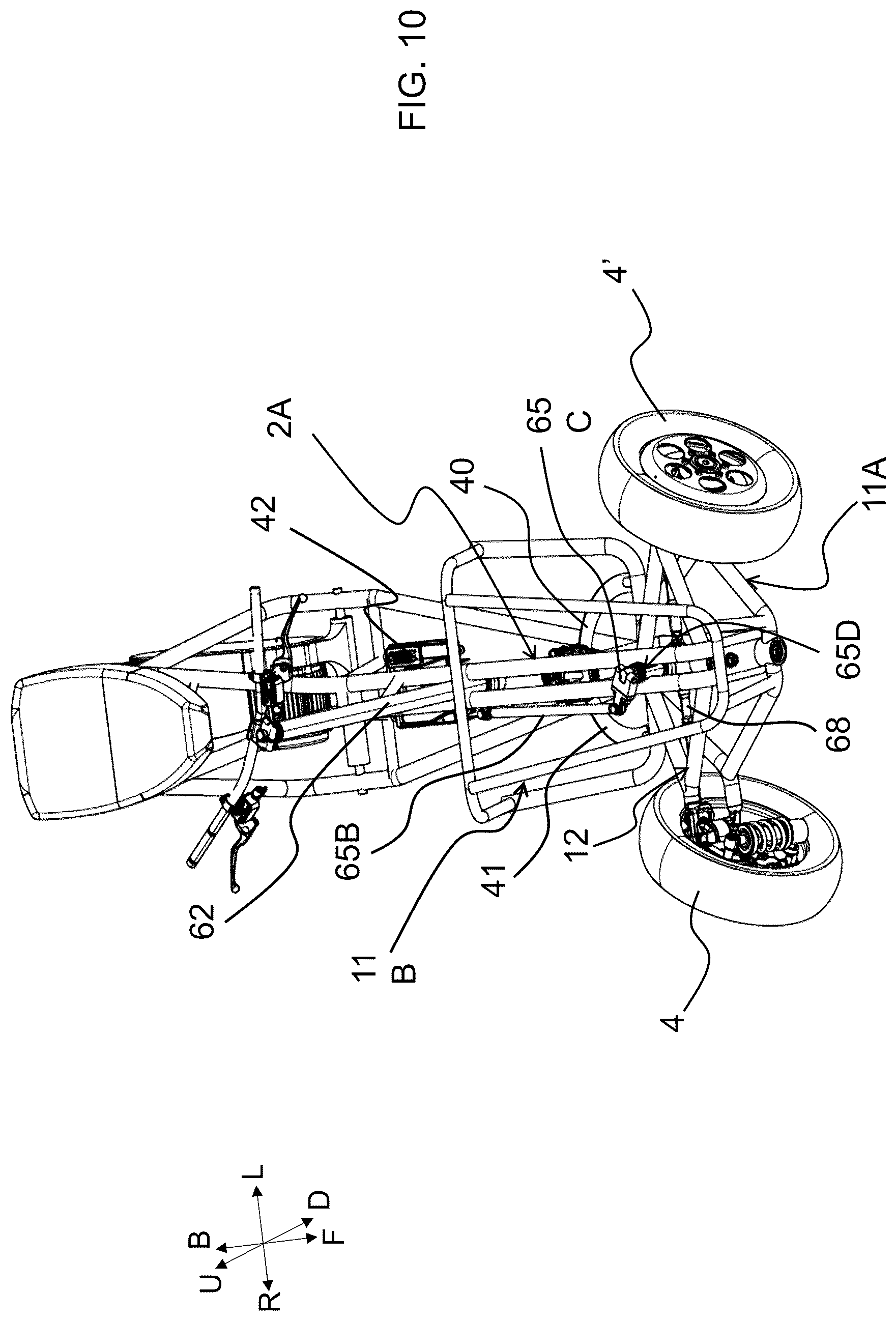 Patent US12325483 Figure 14 – Saddle riding rolling loading surface placed above the upper cross member of the rolling four-bar linkage