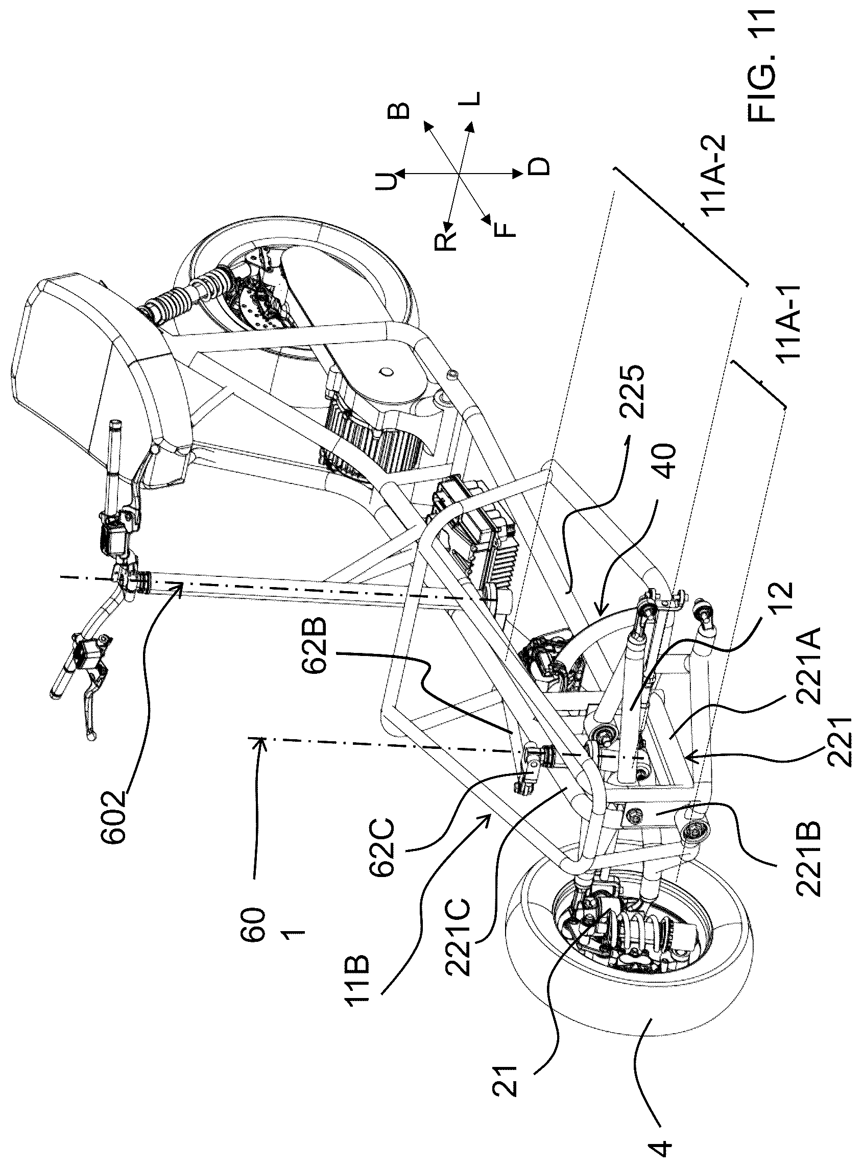 Patent US12325483 Figure 15 – Saddle riding rolling loading surface placed above the upper cross member of the rolling four-bar linkage