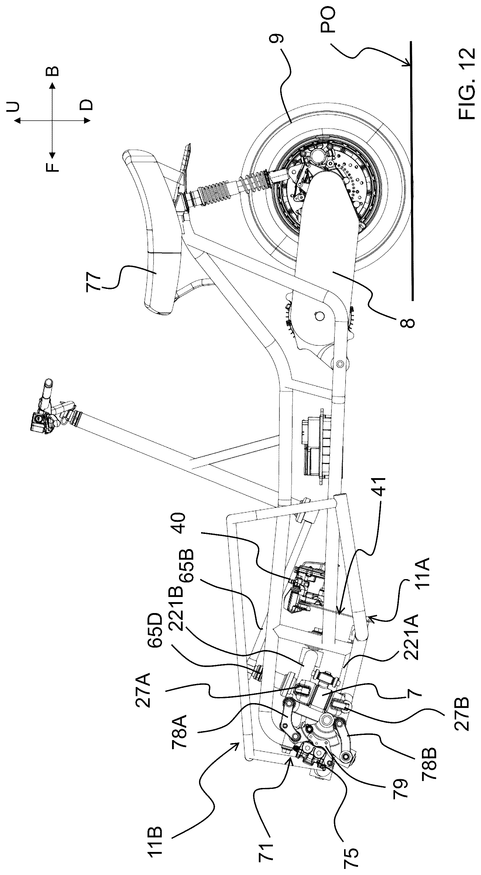 Patent US12325483 Figure 16 – Saddle riding rolling loading surface placed above the upper cross member of the rolling four-bar linkage