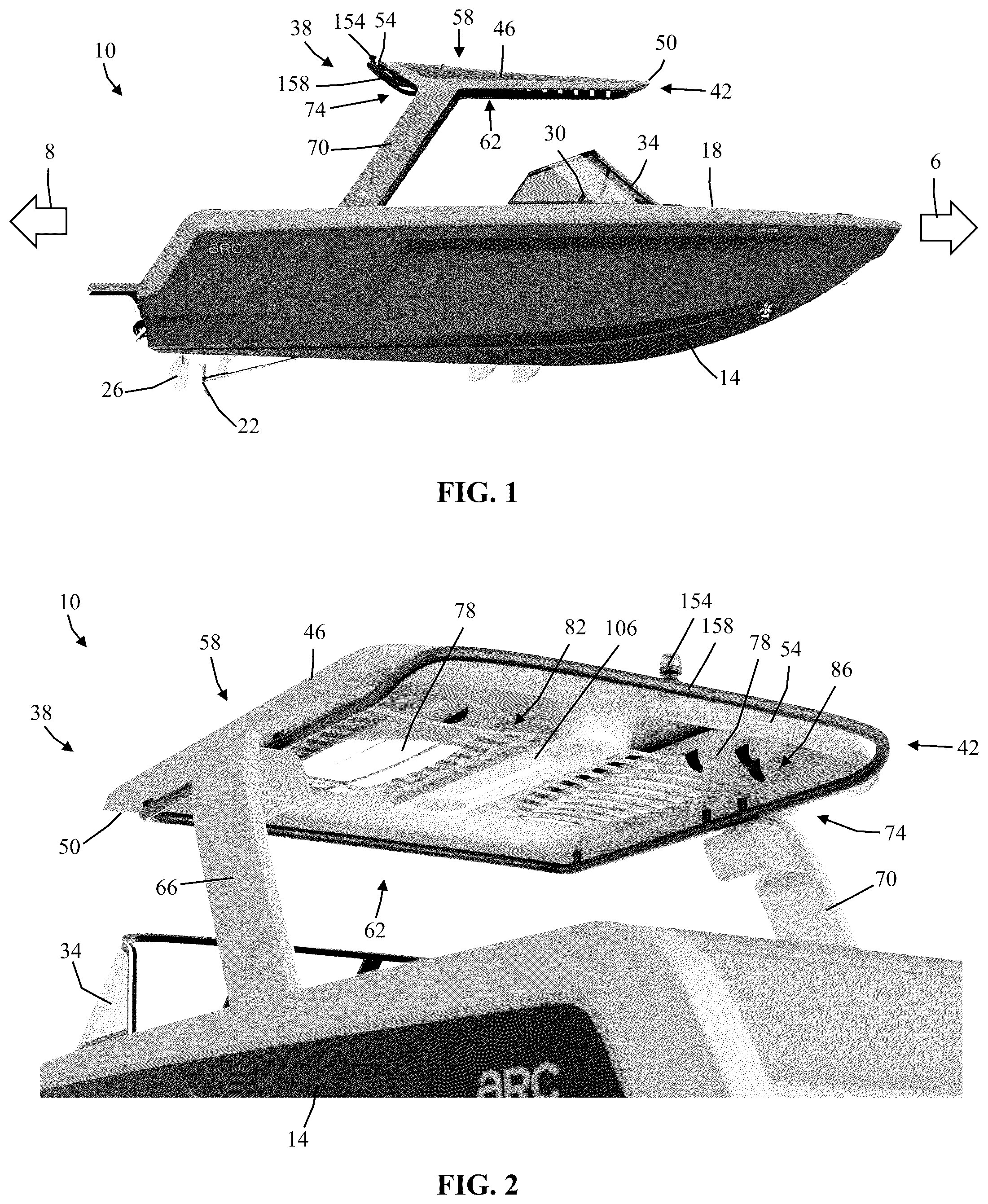 Patent US12325493 Figure 1 – Watercraft with tower storage