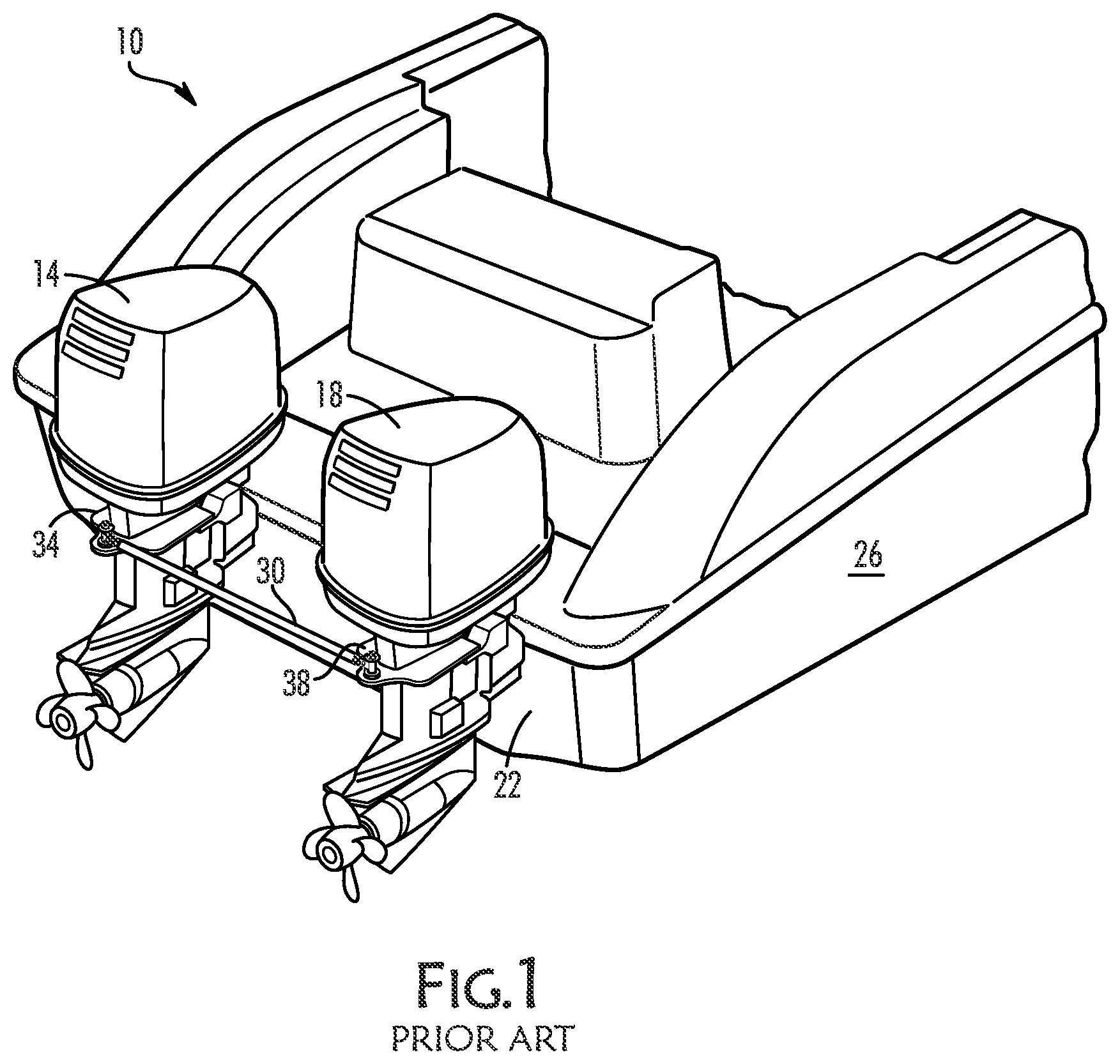 Patent US12325501 Figure 1 – Adaptive tie bar assembly for secure alignment of multiple marine engines at higher speed