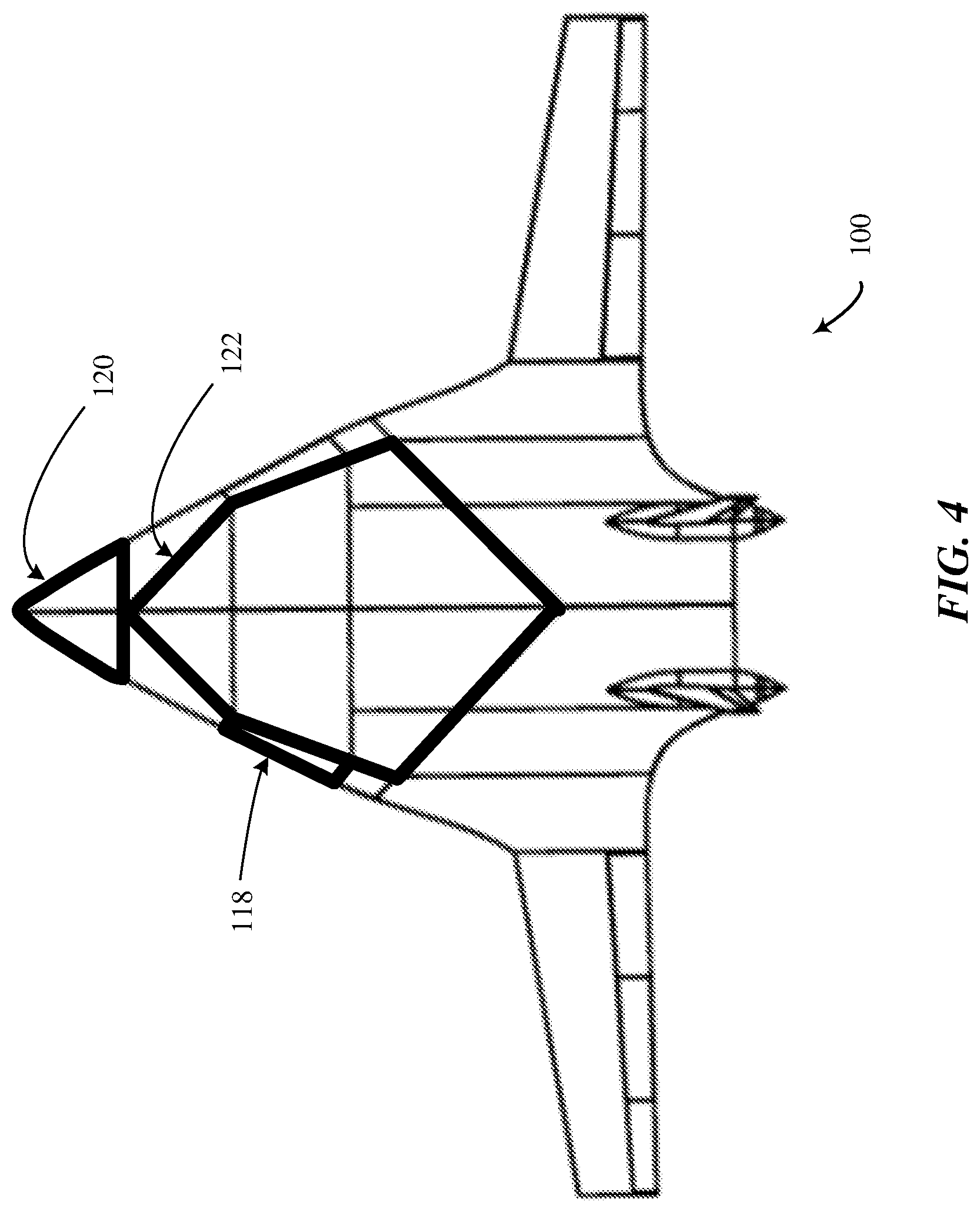 Patent US12325507 Figure 4 – Cargo-bay layout for blended-wing-body aircraft