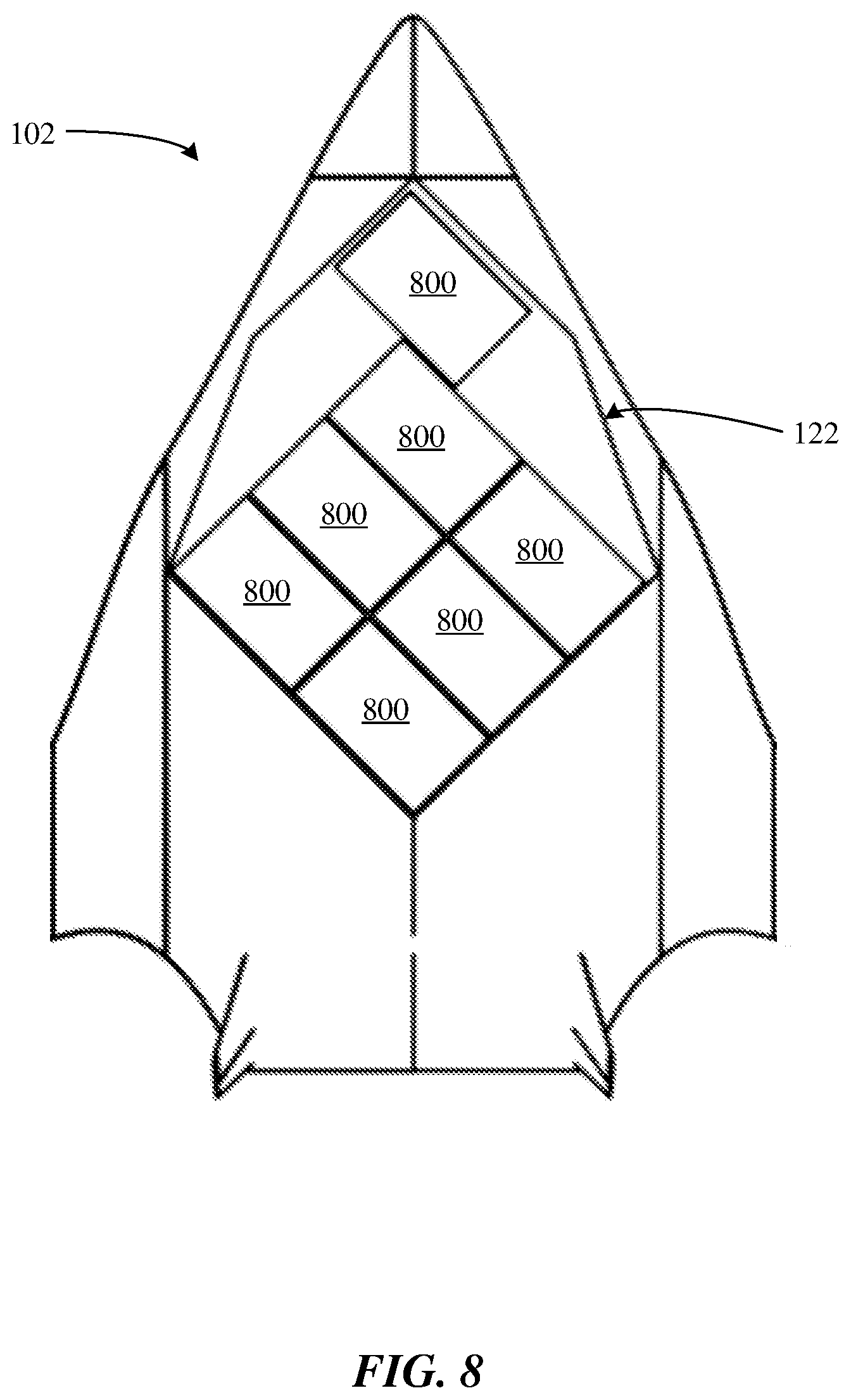 Patent US12325507 Figure 8 – Cargo-bay layout for blended-wing-body aircraft