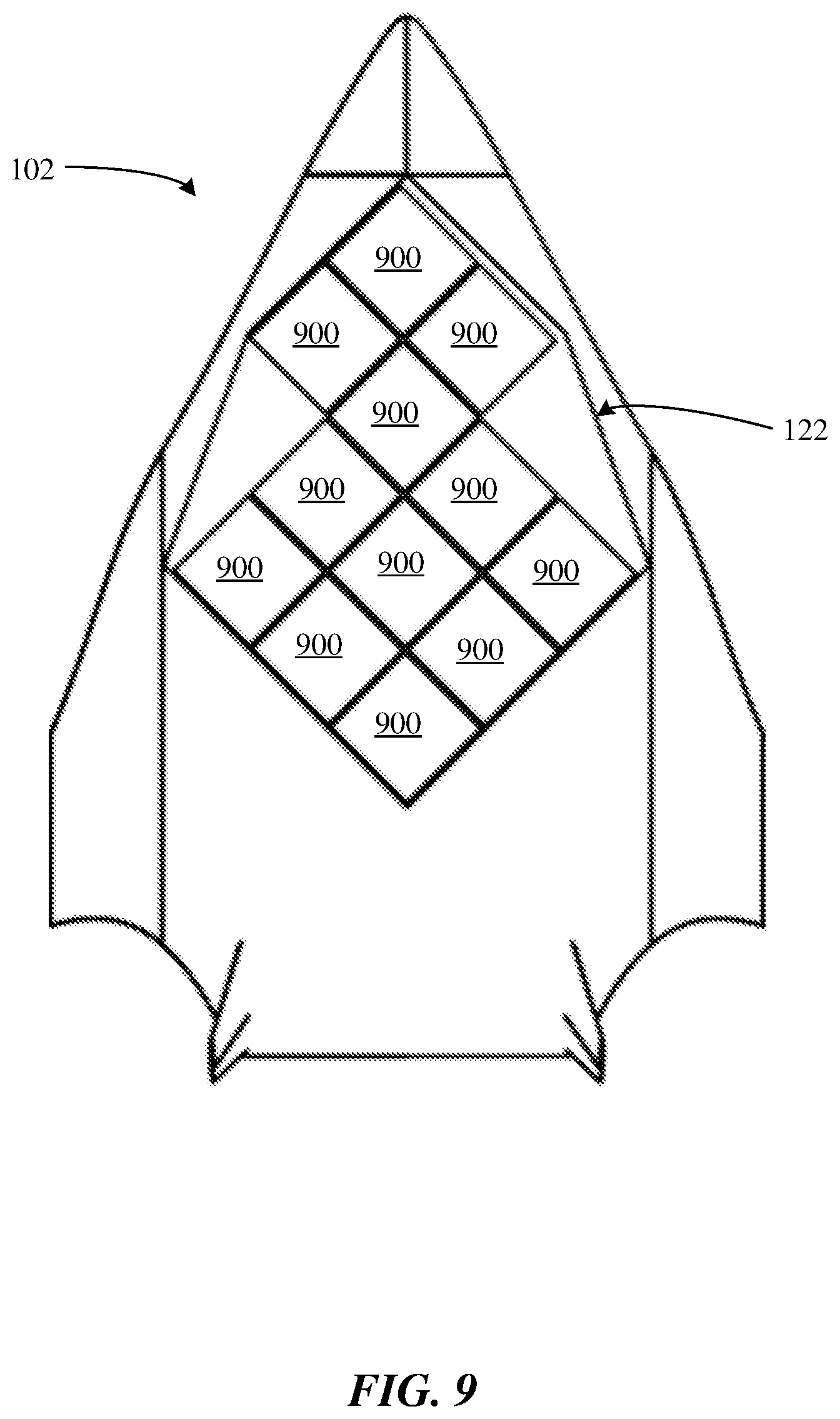 Patent US12325507 Figure 9 – Cargo-bay layout for blended-wing-body aircraft