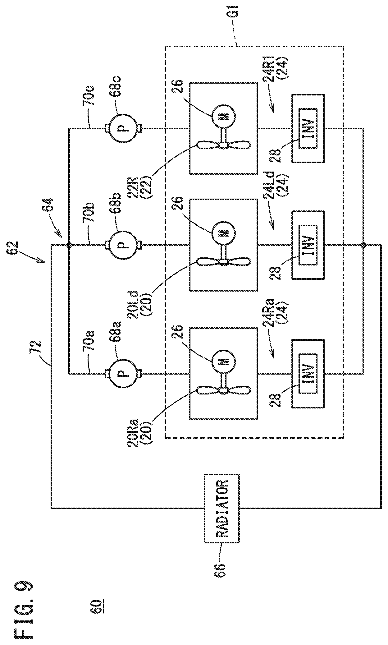 Patent US12325528 Figure 9 – Aircraft cooling system including parallel cooling circuits with common pipe
