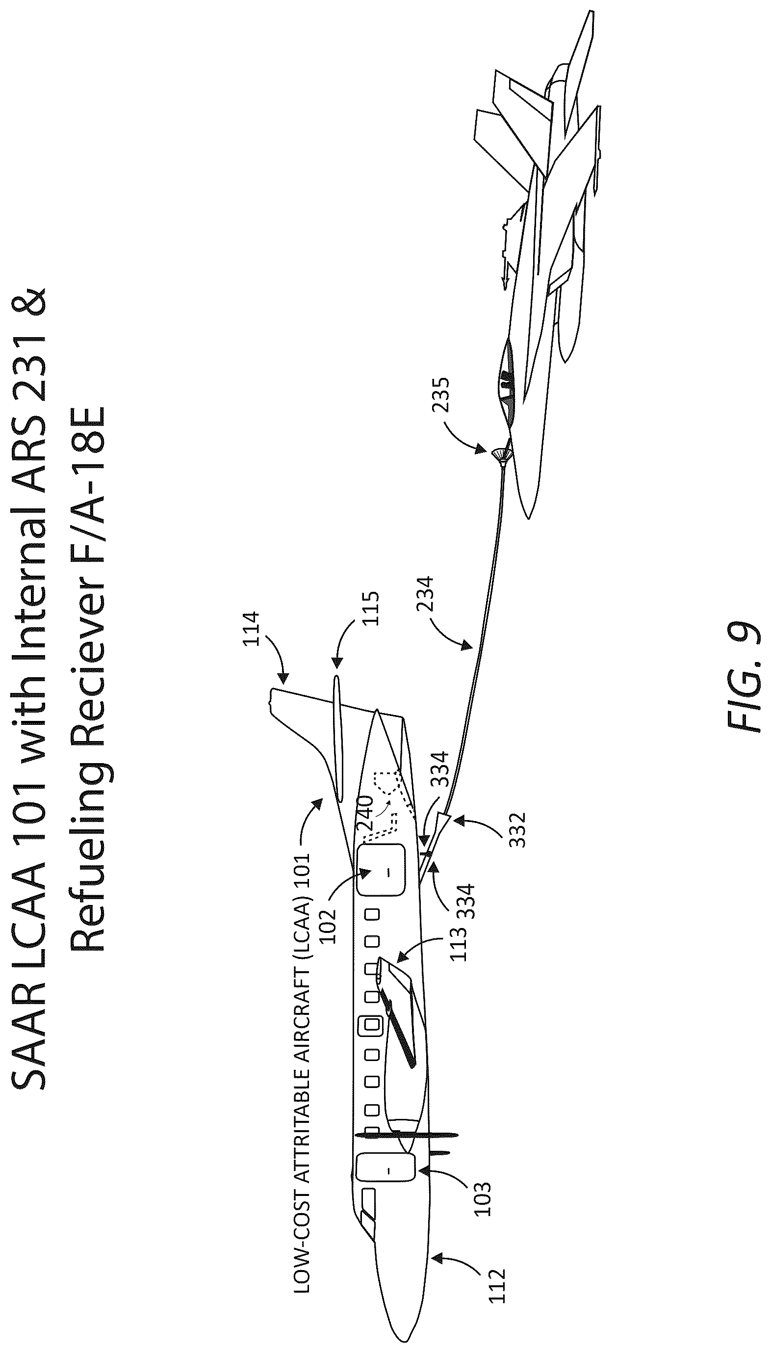 Patent US12325530 Figure 9 – Aircraft performance modification system that provides and controls systems settings that provision proactive, precise, and rapid control of aircraft center-of-gravity locations, flight control positions, power settings, lift, drag, performance, maneuverability, stability, and controllability
