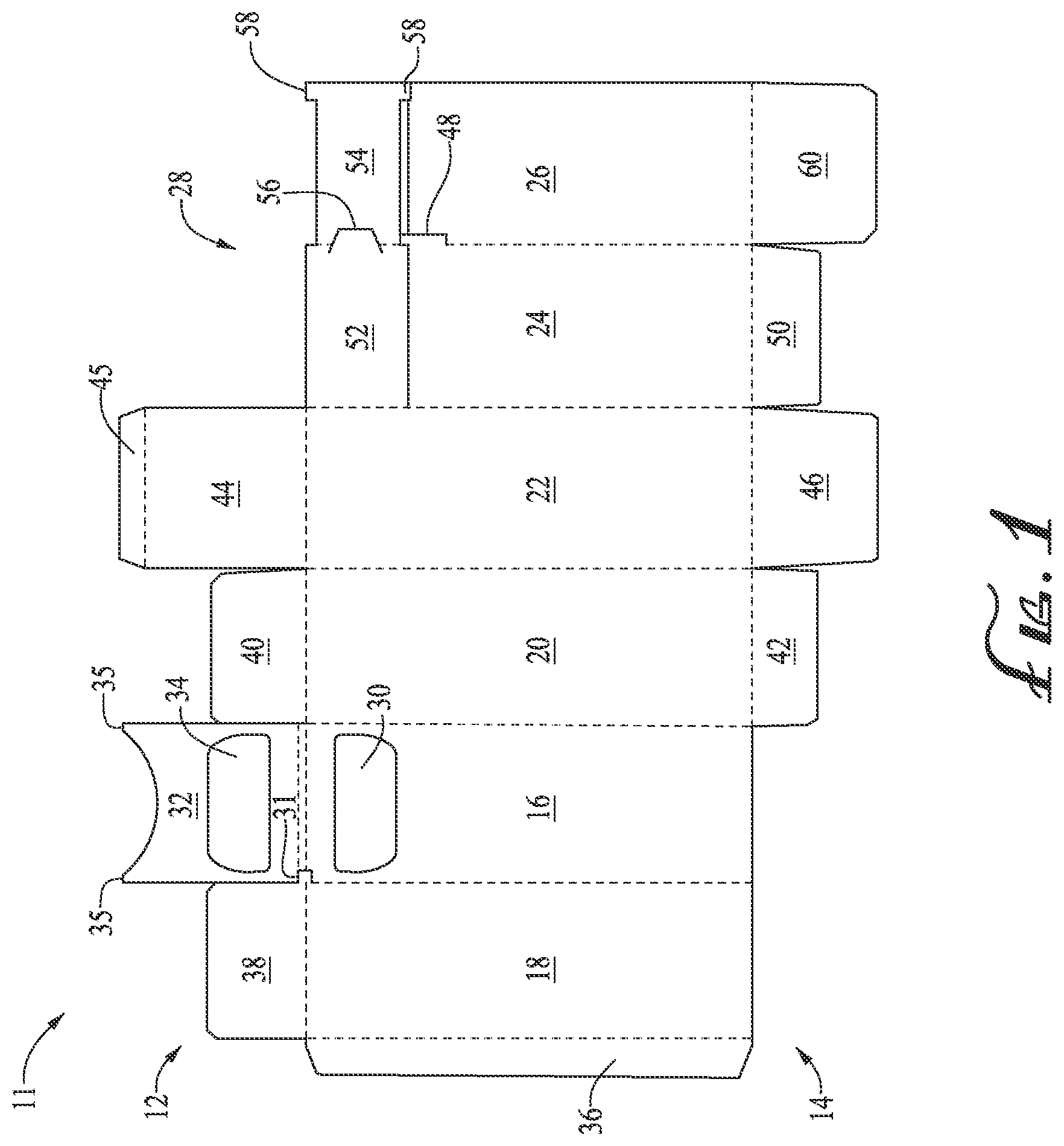 Patent US12325564 Figure 1 – Seal ends box with horizontal slide openings for dispensing