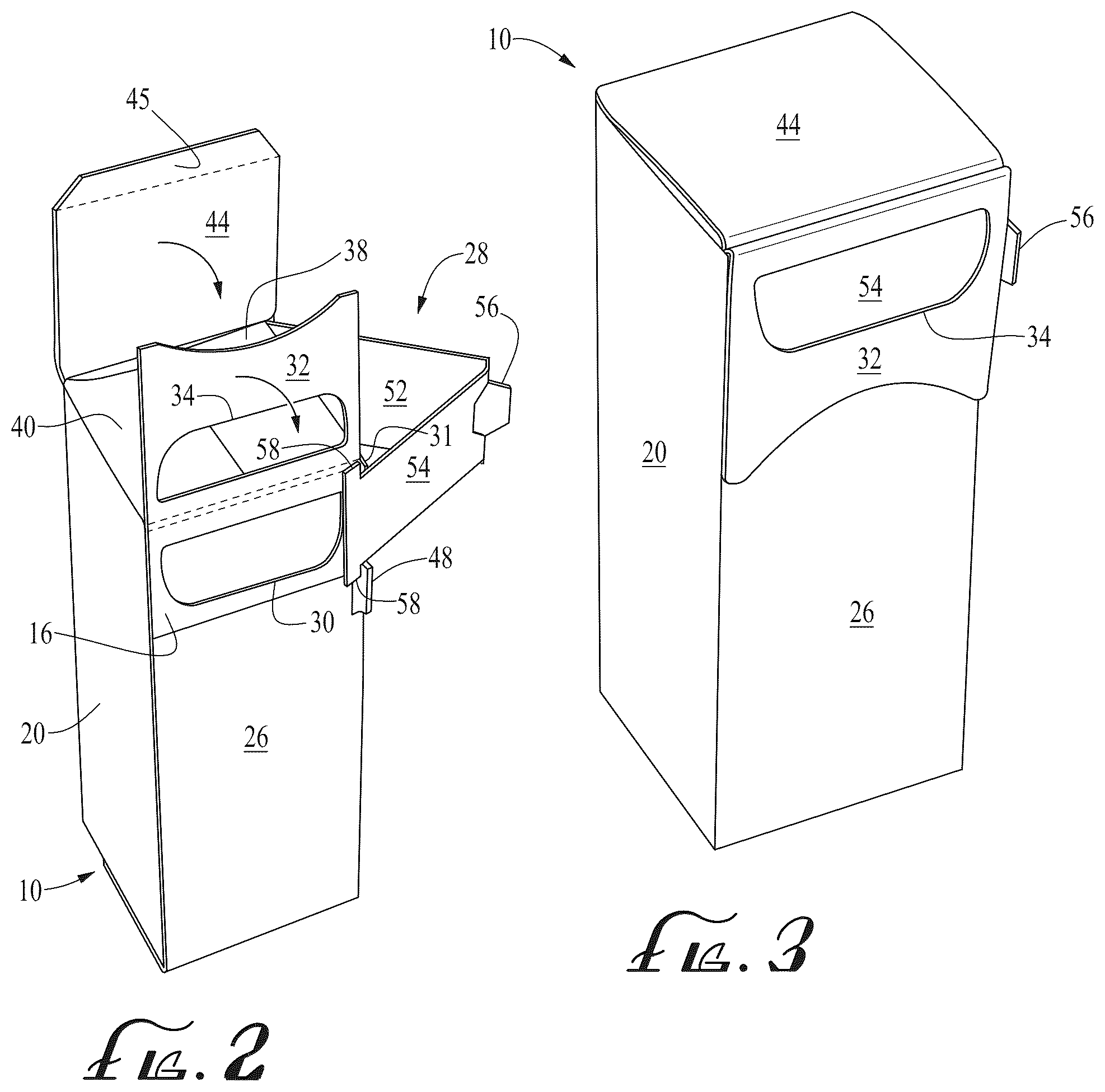 Patent US12325564 Figure 2 – Seal ends box with horizontal slide openings for dispensing