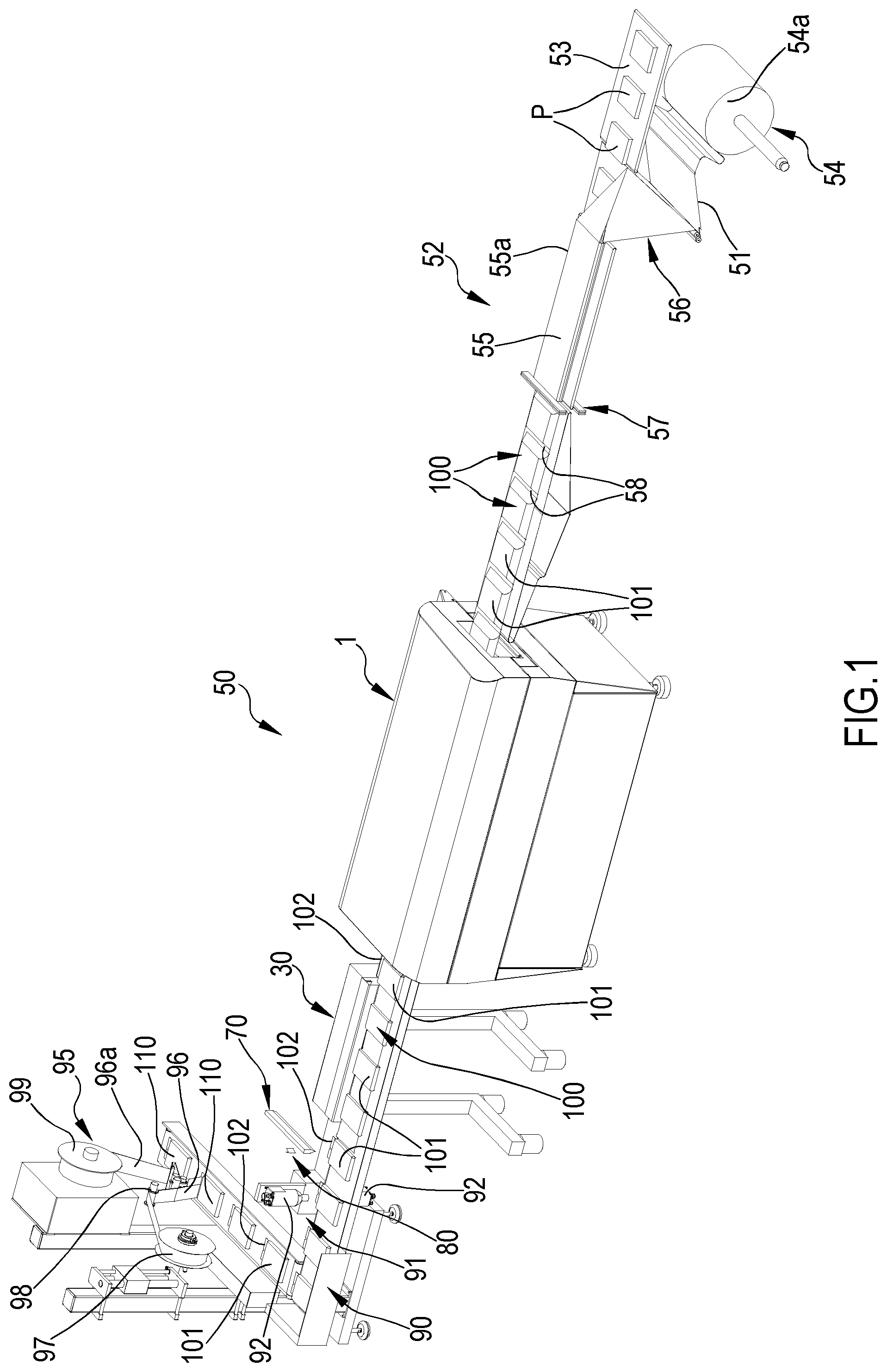 Patent US12325571 Figure 1 – Heat shrink apparatus and device for packaging, and packaging line and process using said heat shrink apparatus and device