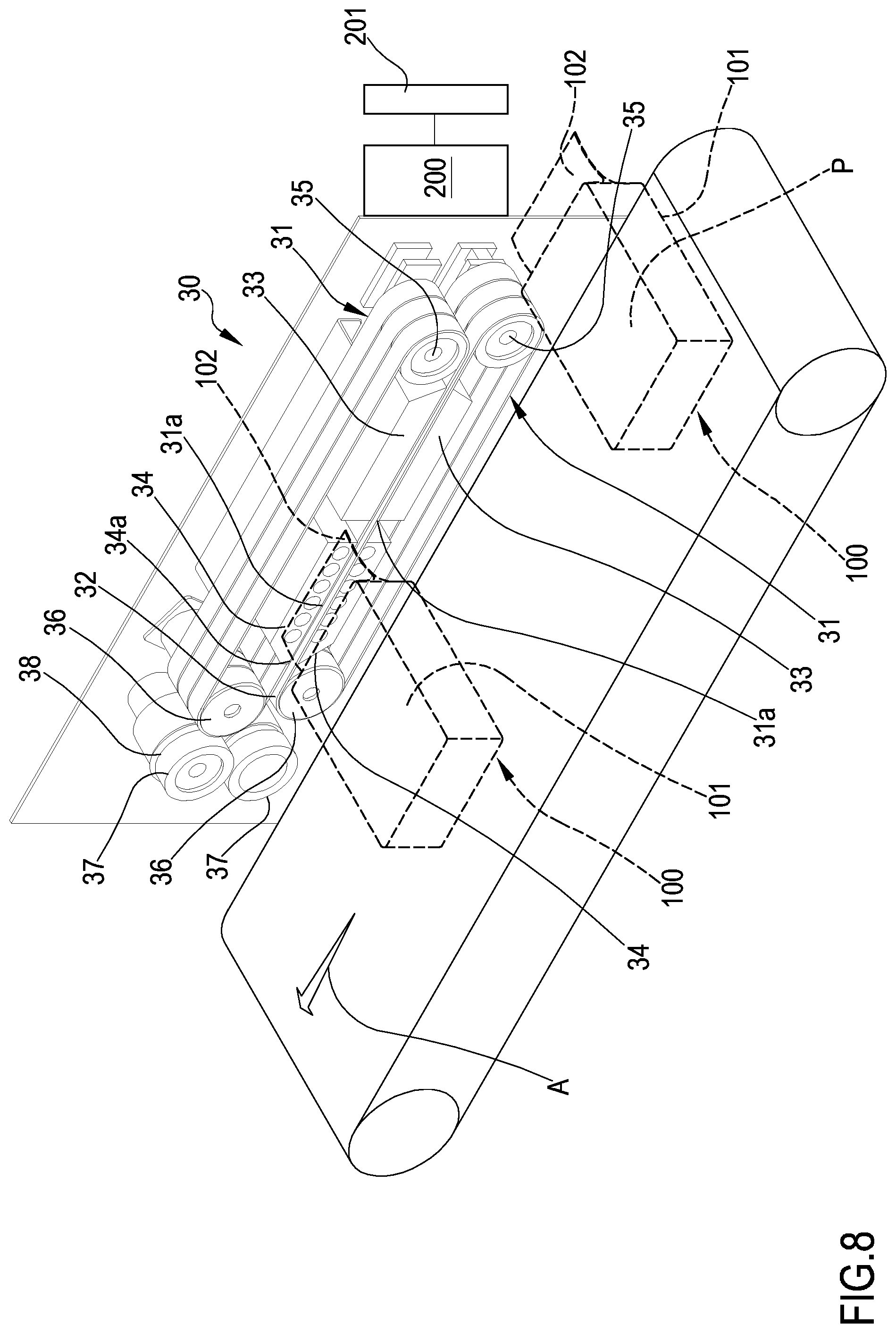 Patent US12325571 Figure 7 – Heat shrink apparatus and device for packaging, and packaging line and process using said heat shrink apparatus and device