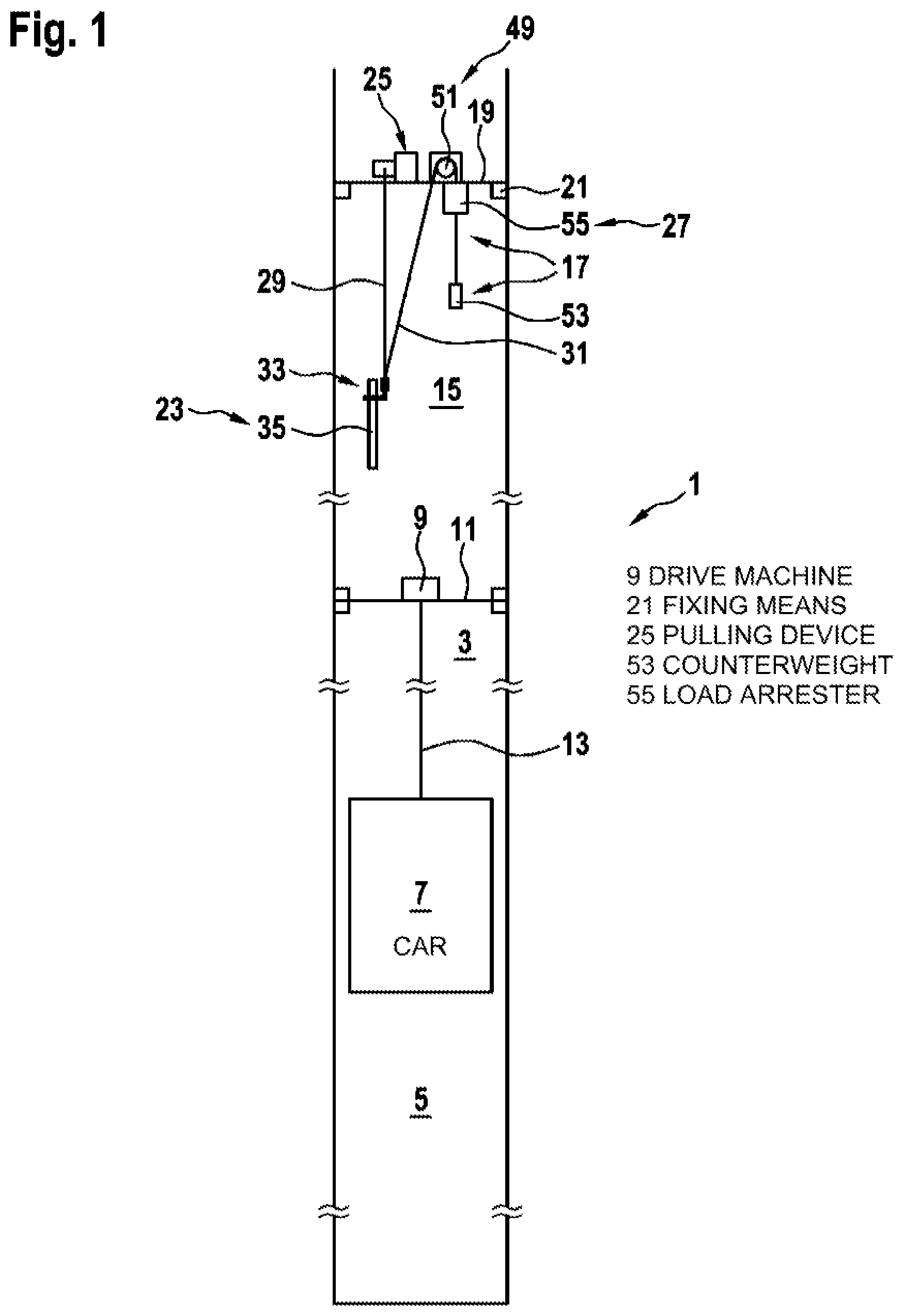 Patent US12325611 Figure 1 – Lifting device for lifting a payload within an elevator shaft in a controllable manner