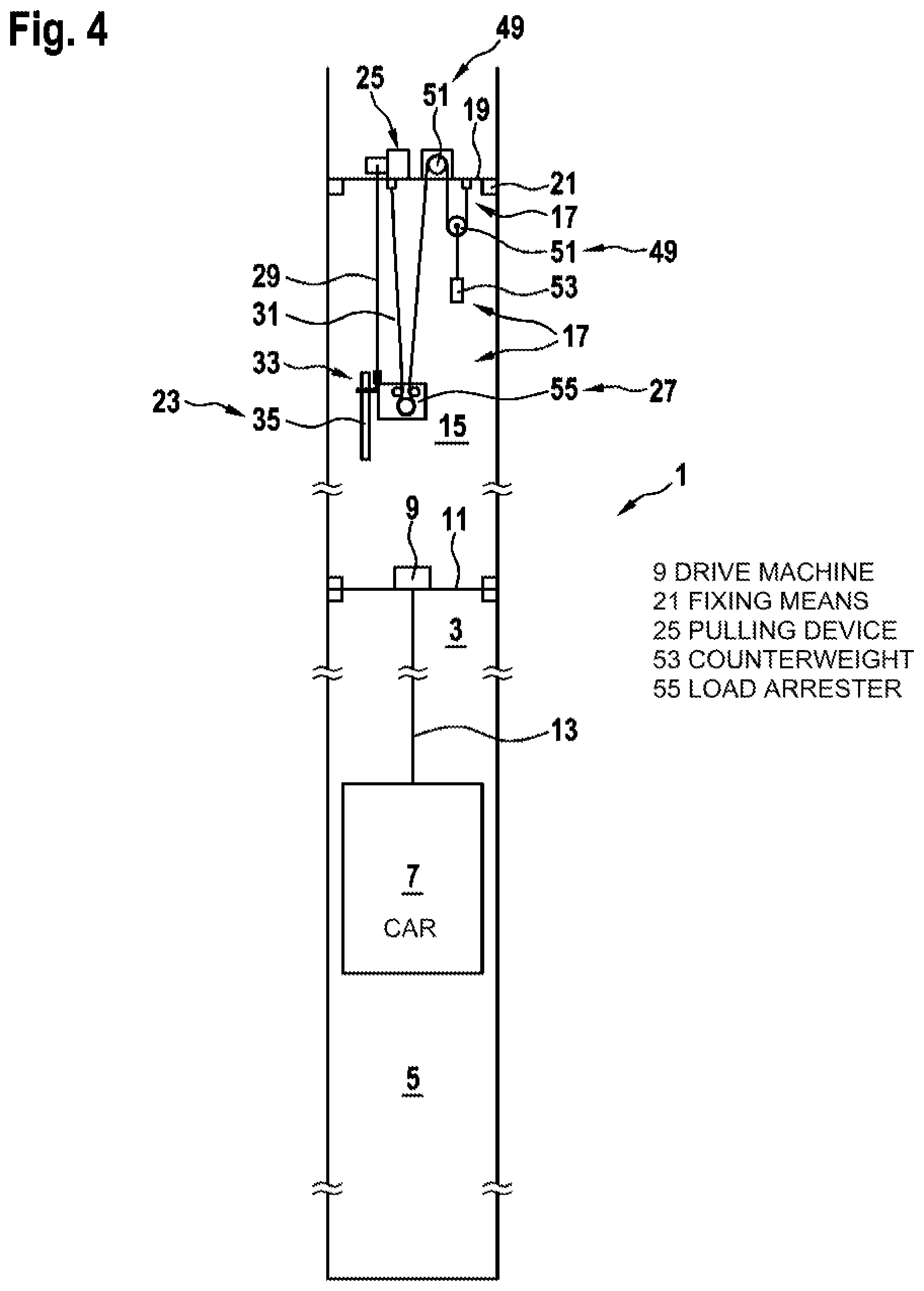 Patent US12325611 Figure 4 – Lifting device for lifting a payload within an elevator shaft in a controllable manner