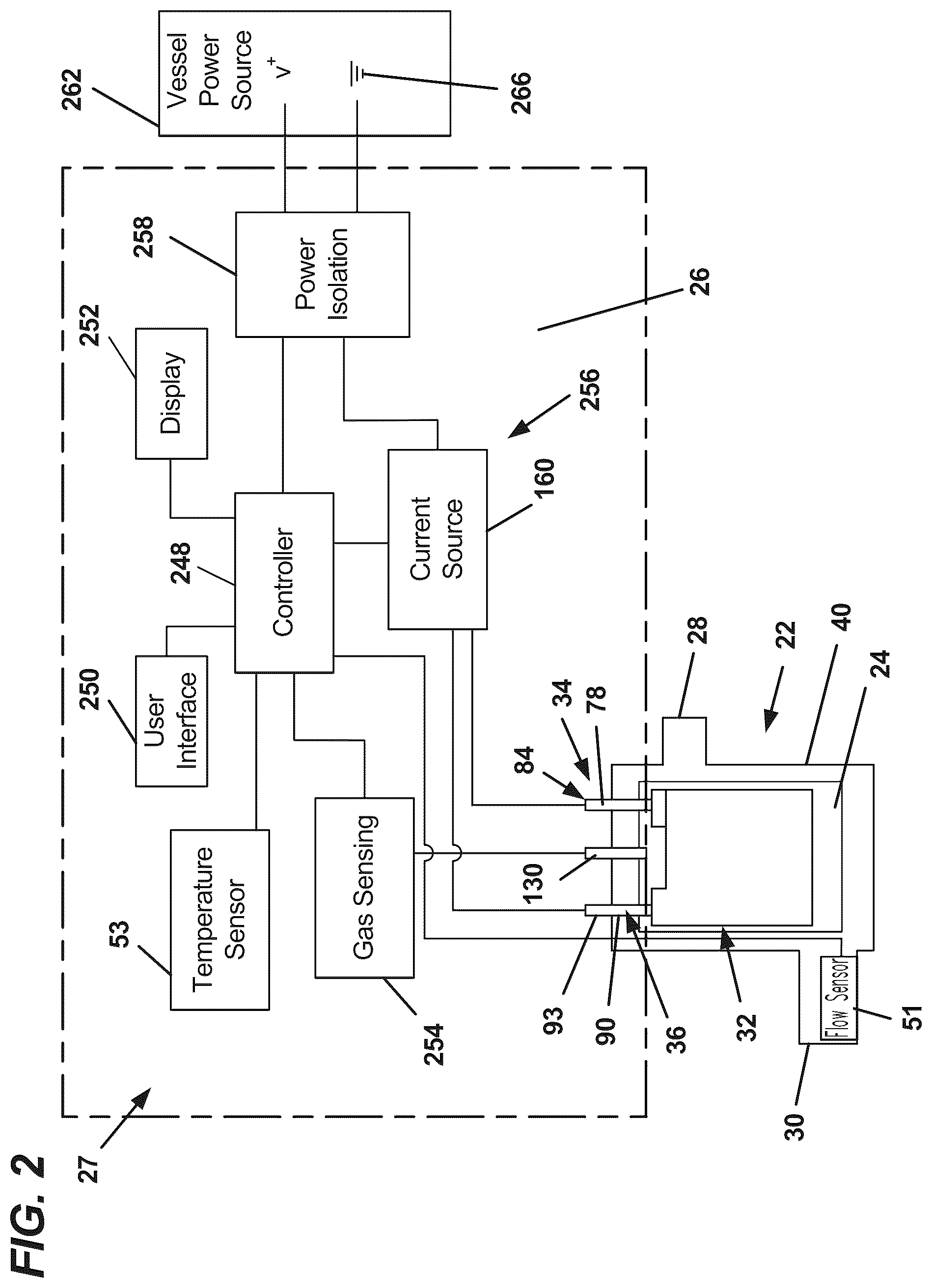 Patent US12325647 Figure 2 – Electrolytic biocide-generating unit with flow transition detection