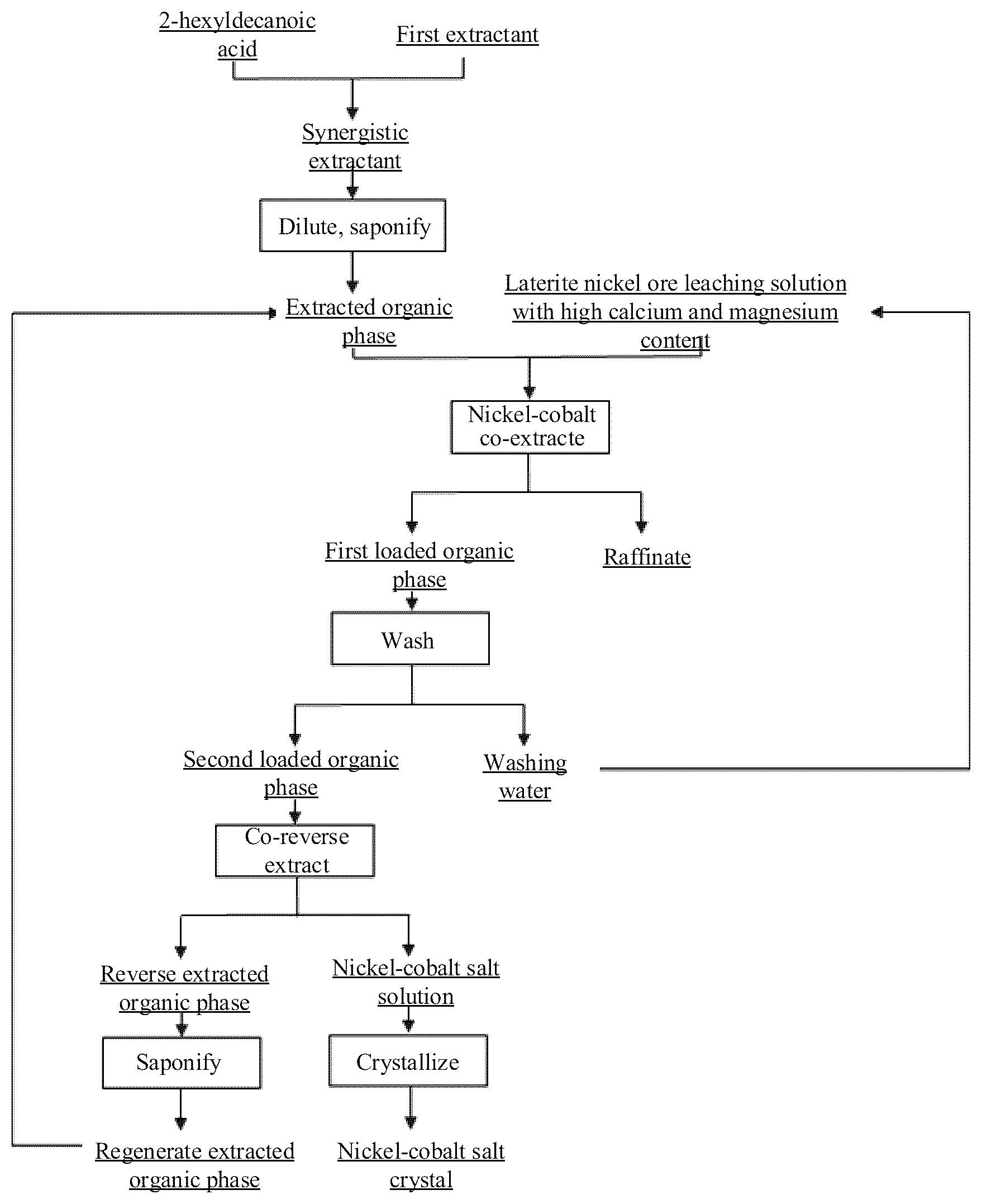 Patent US12325896 Figure 1 – Treatment method and application for laterite nickel ore leaching solution with high calcium and magnesium content