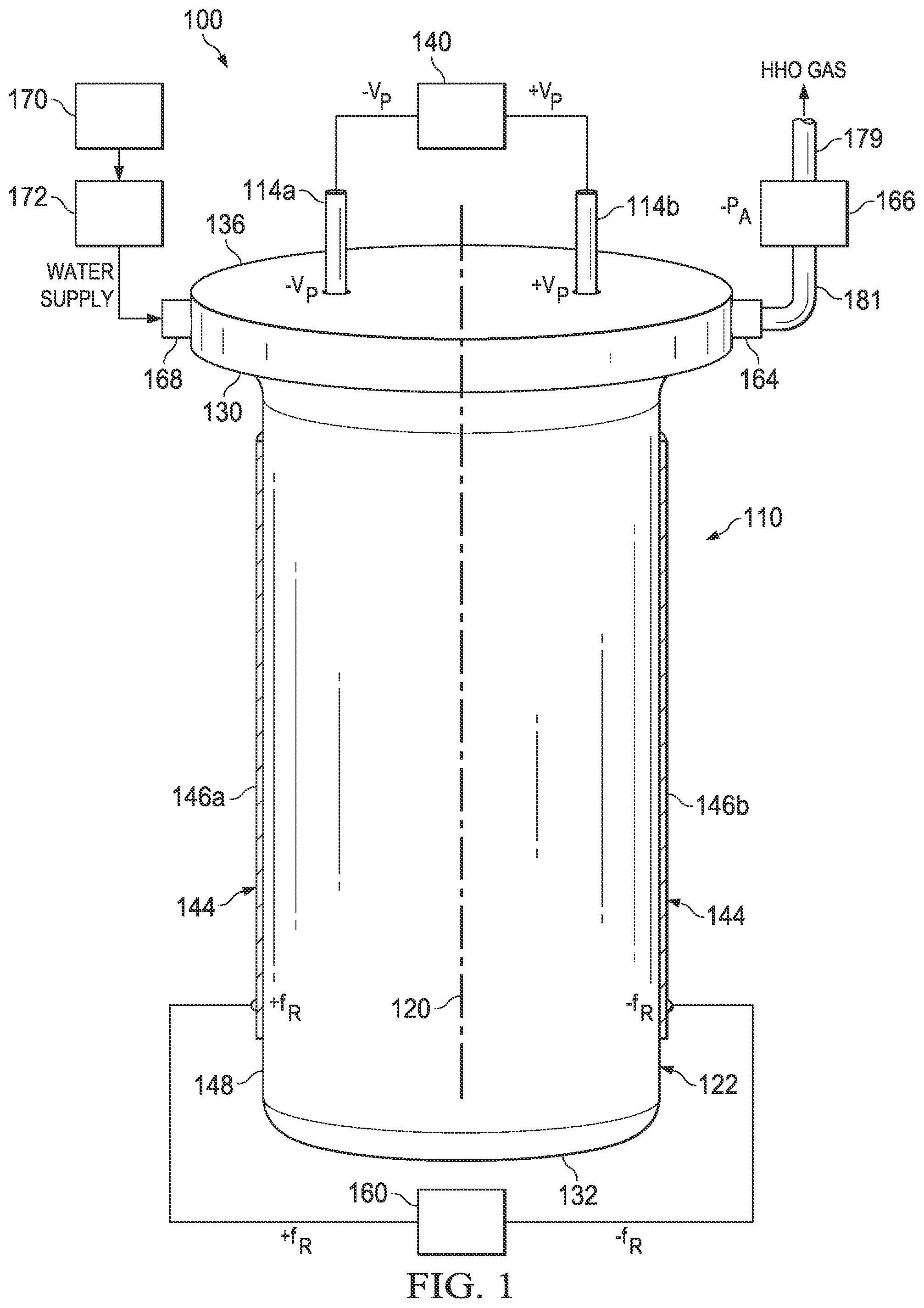 Patent US12325922 Figure 1 – Method and apparatus for splitting water molecules into constituent hydrogen and oxygen gases