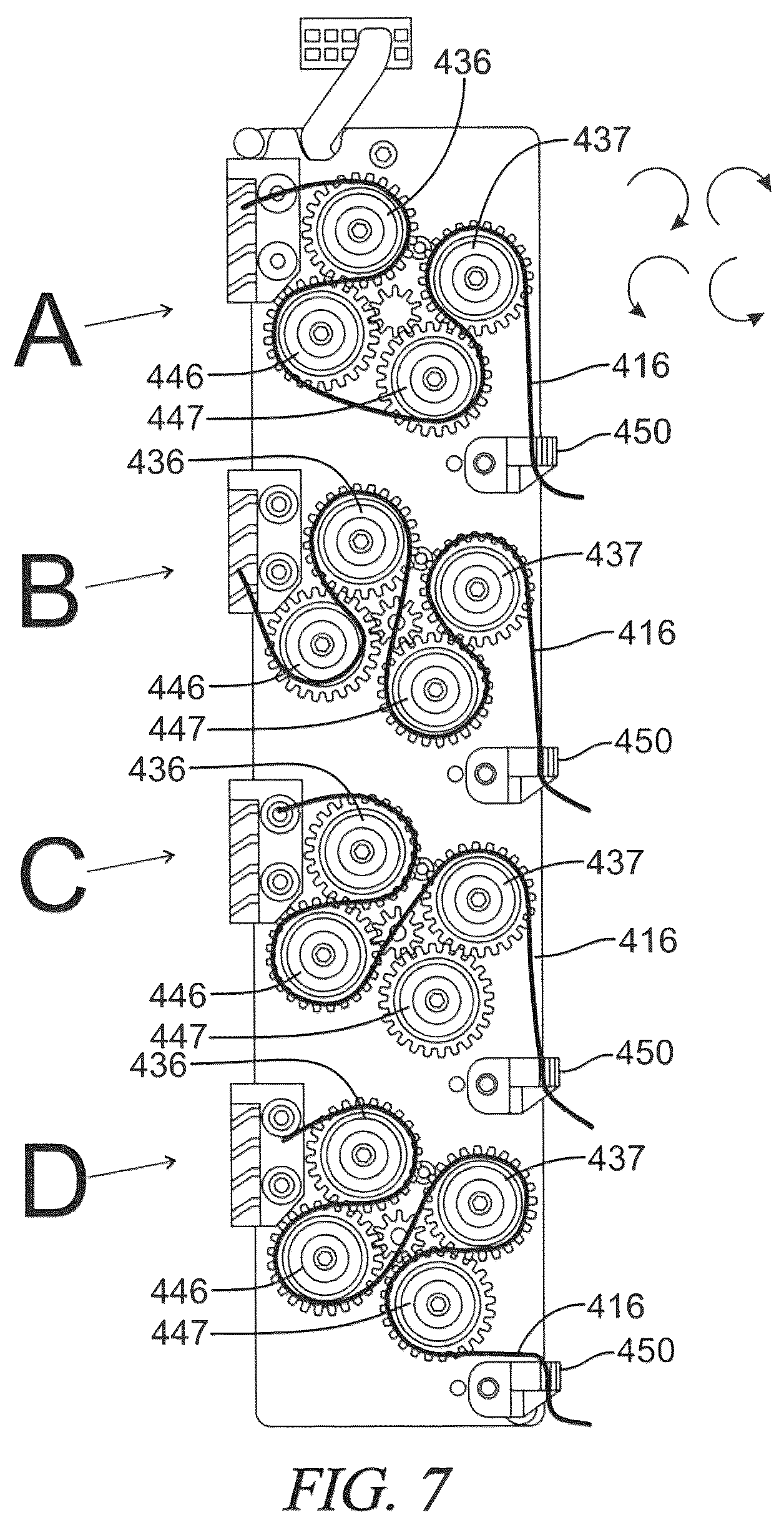 Patent US12325942 Figure 7 – Four roll servo driven yarn feed module for precision yarn feed