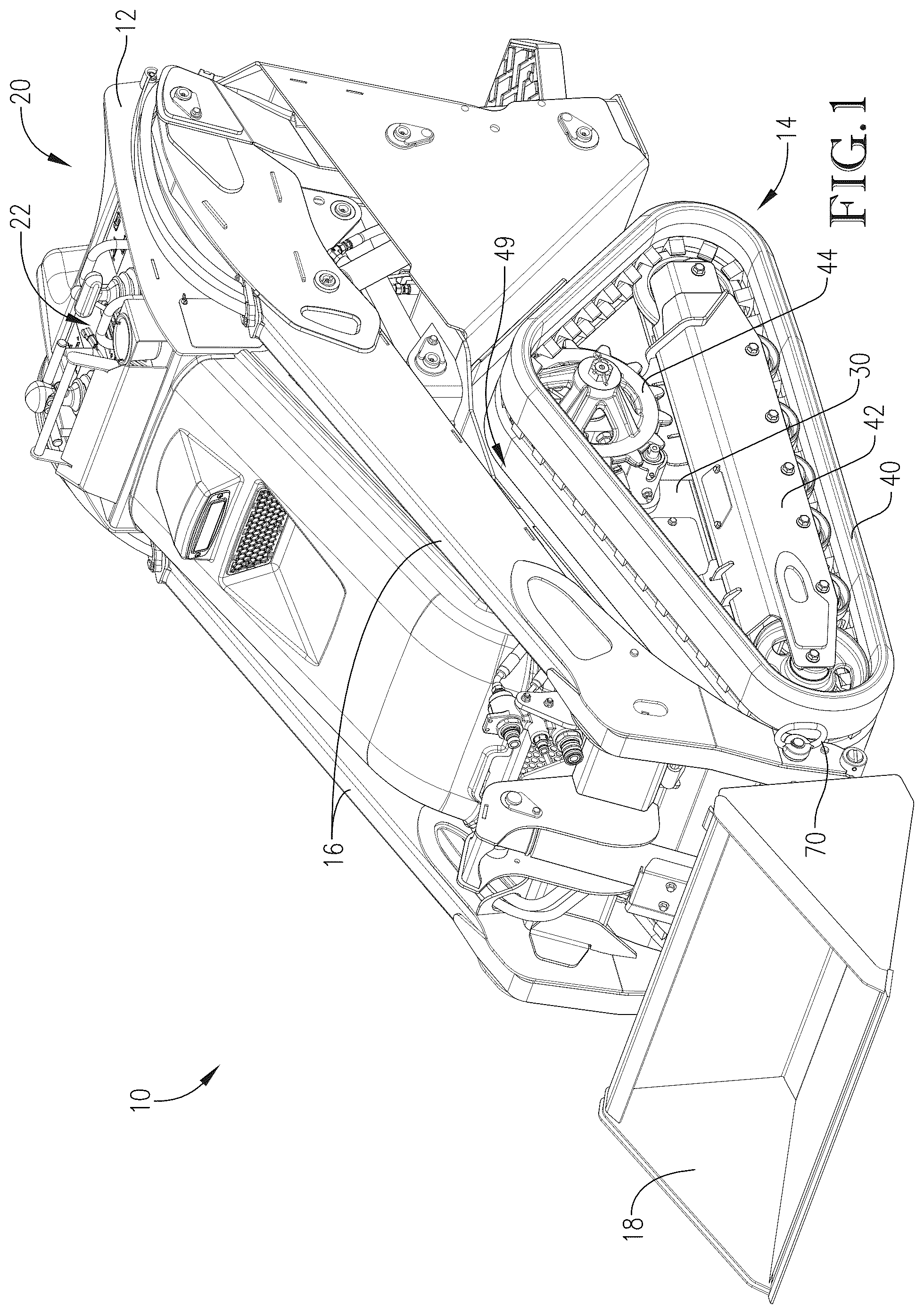 Patent US12325971 Figure 1 – Loader with improved arm path