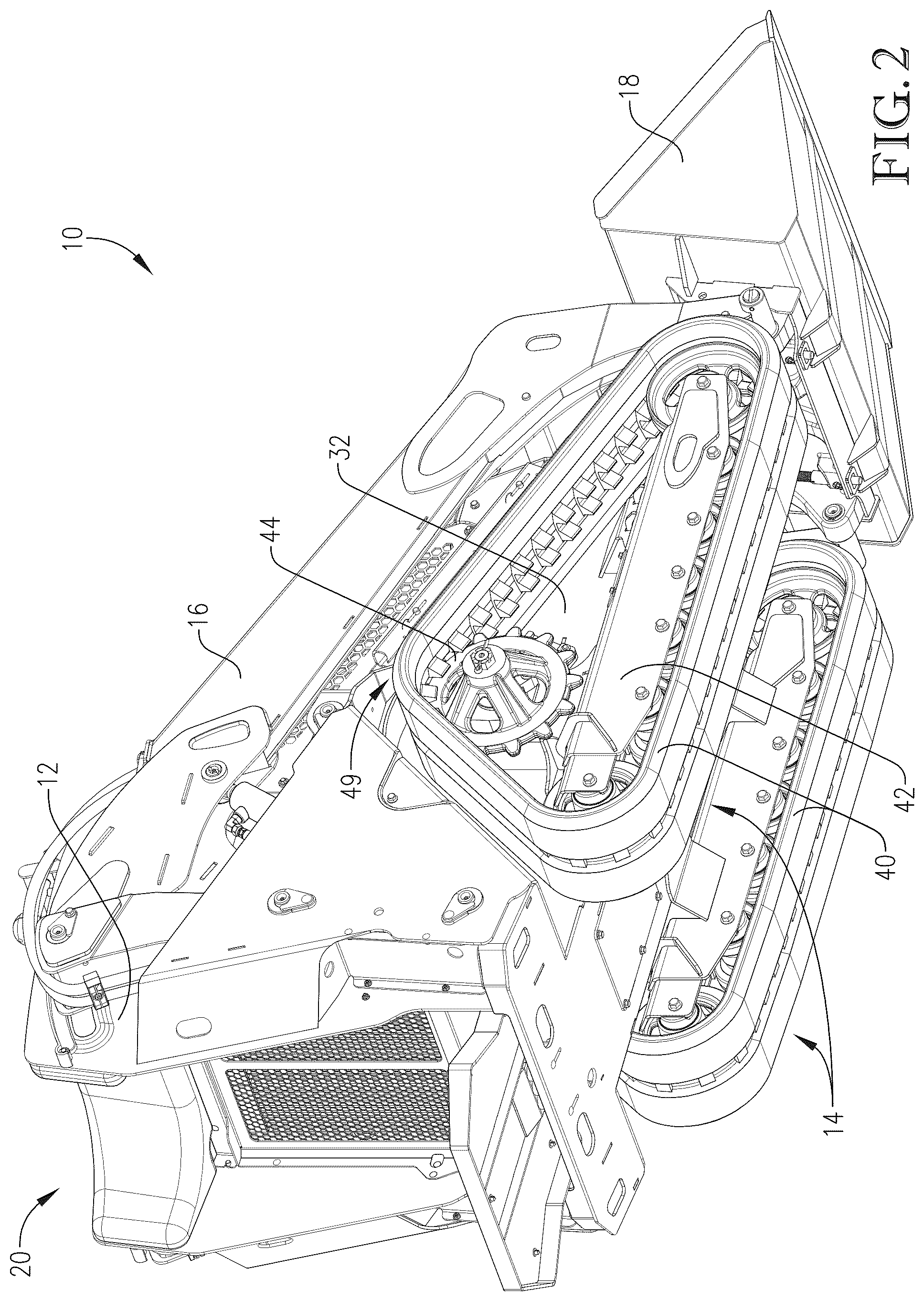 Patent US12325971 Figure 2 – Loader with improved arm path