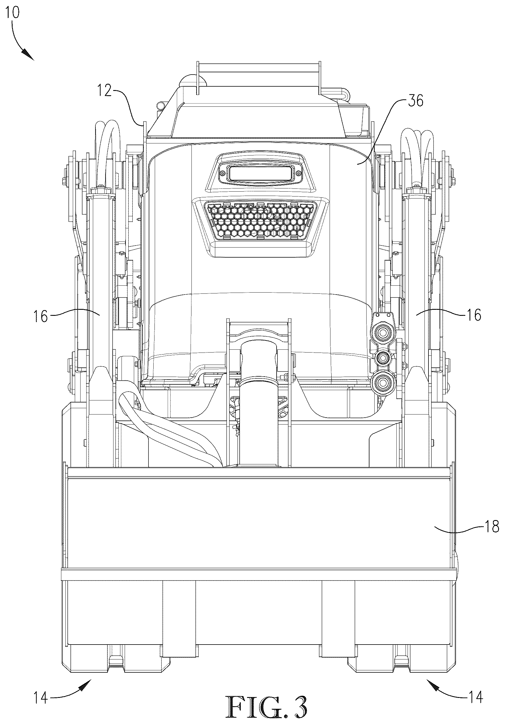 Patent US12325971 Figure 3 – Loader with improved arm path