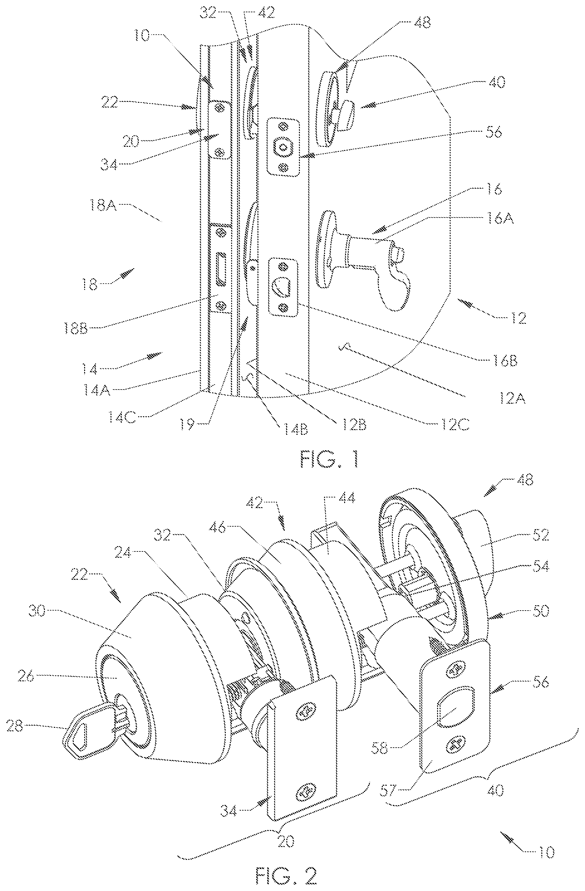 Patent US12326015 Figure 1 – Deadbolt assembly for simultaneously securing co-mounted doors together and actuating at least one deadbolt