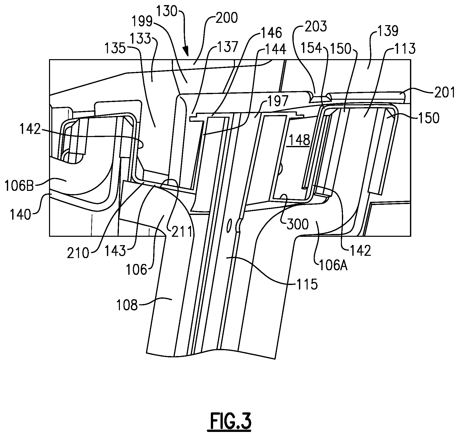 Patent US12326099 Figure 3 – Bathtub seal integrated into CMC vane load path
