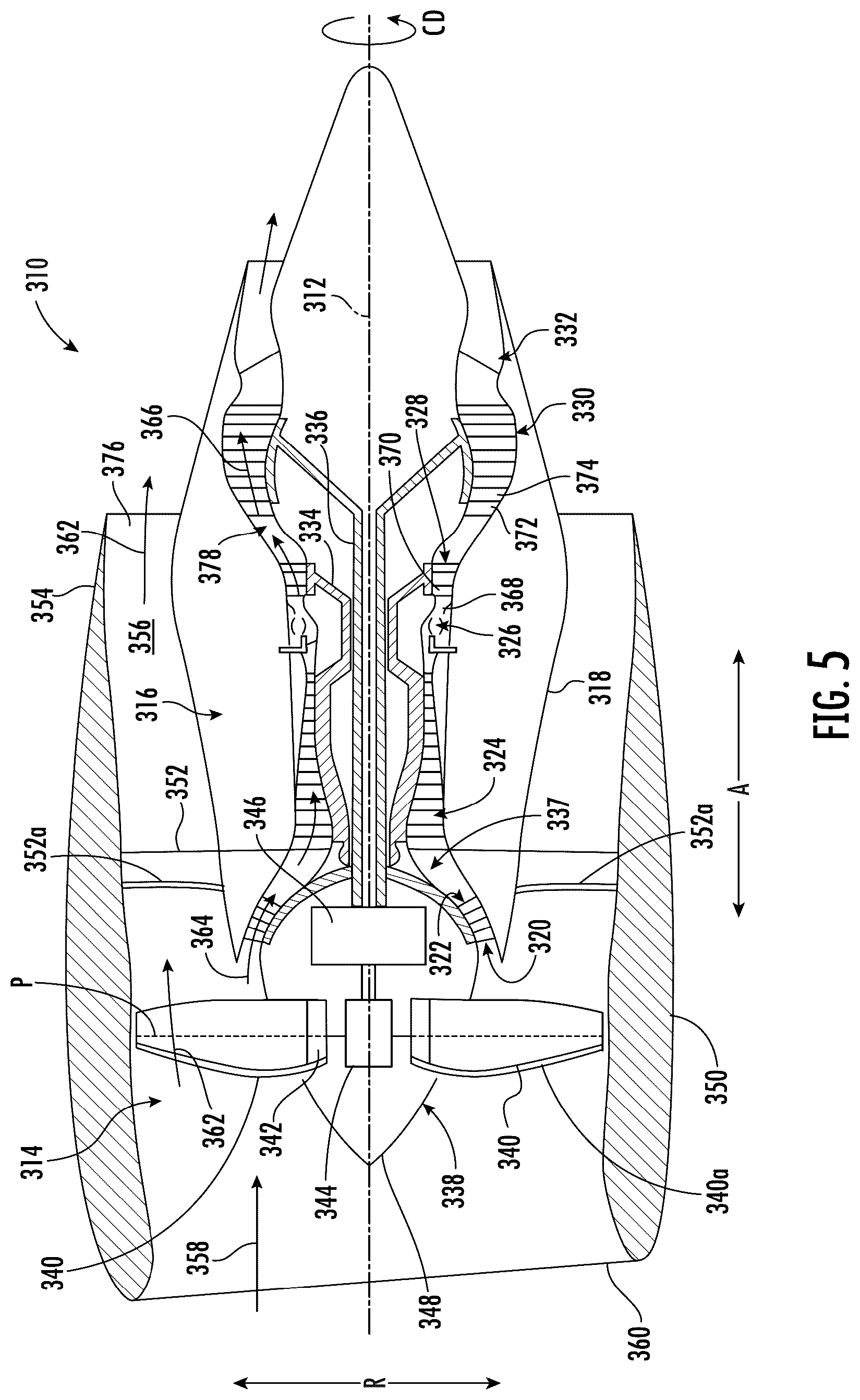Patent US12326101 Figure 5 – Turbine engine with composite airfoils