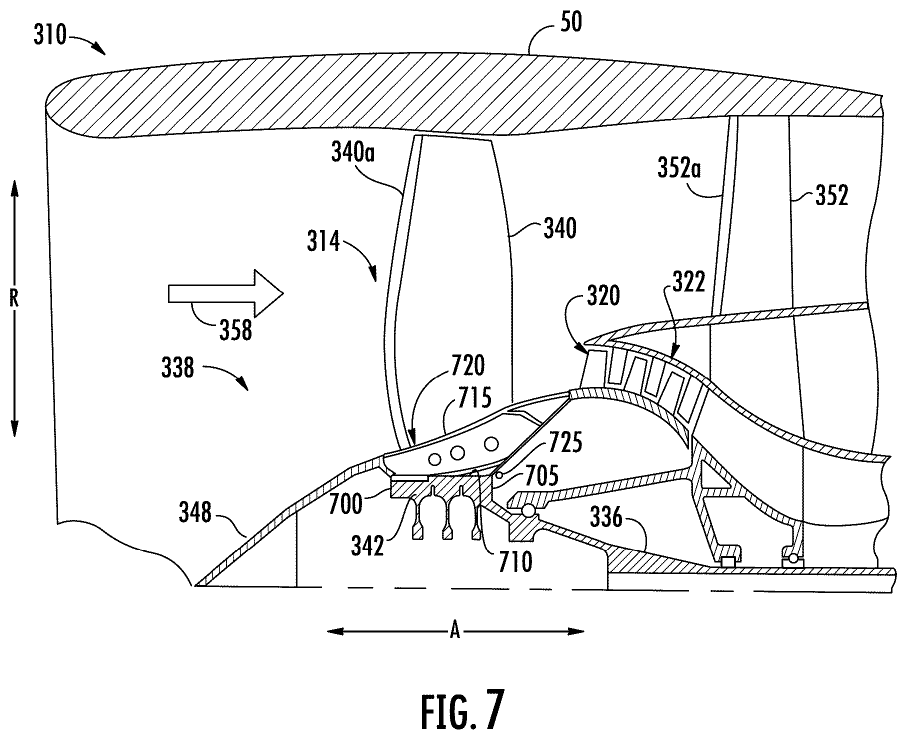 Patent US12326101 Figure 7 – Turbine engine with composite airfoils