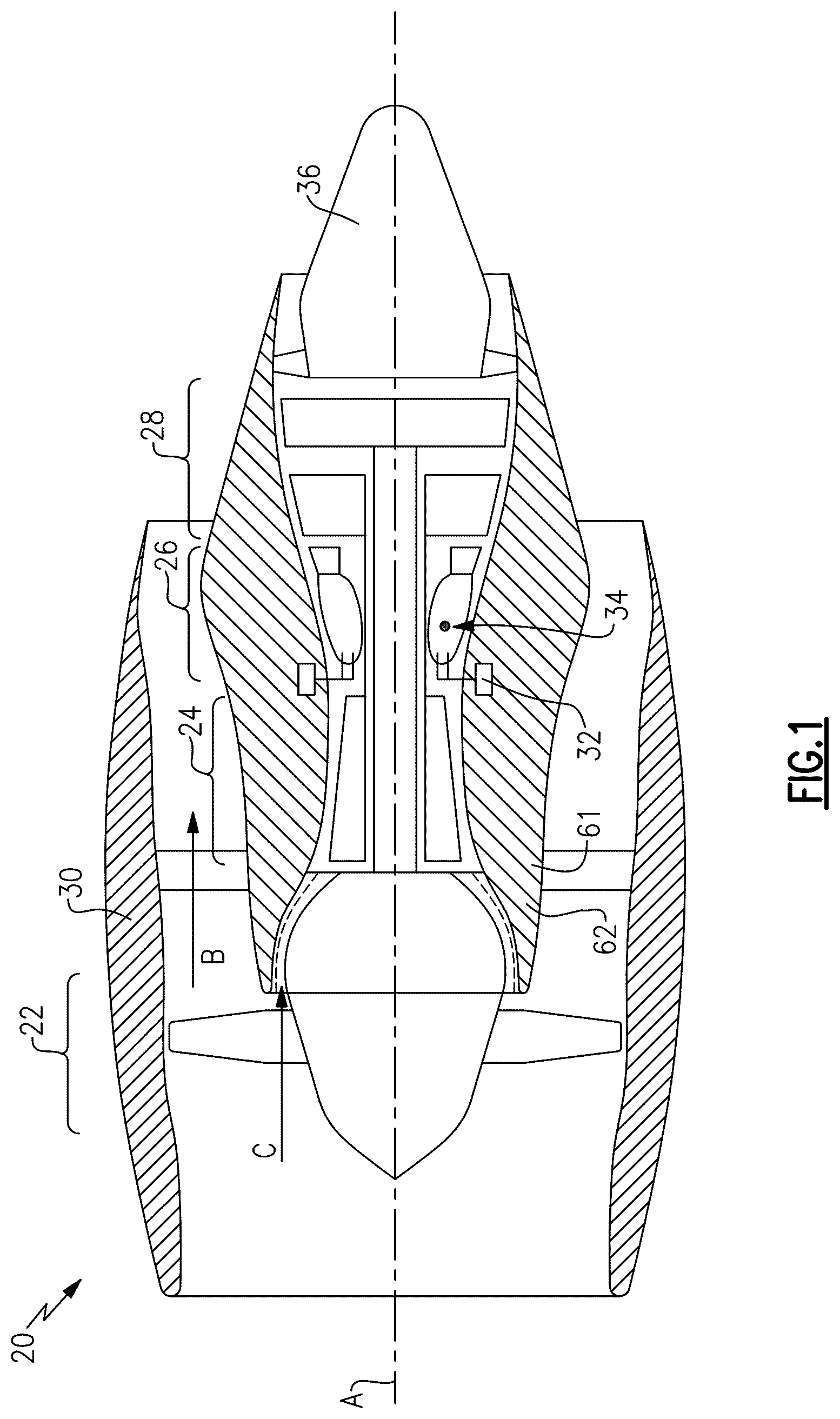 Patent US12326112 Figure 1 – Gas turbine engine bypass louver and baffle rib design