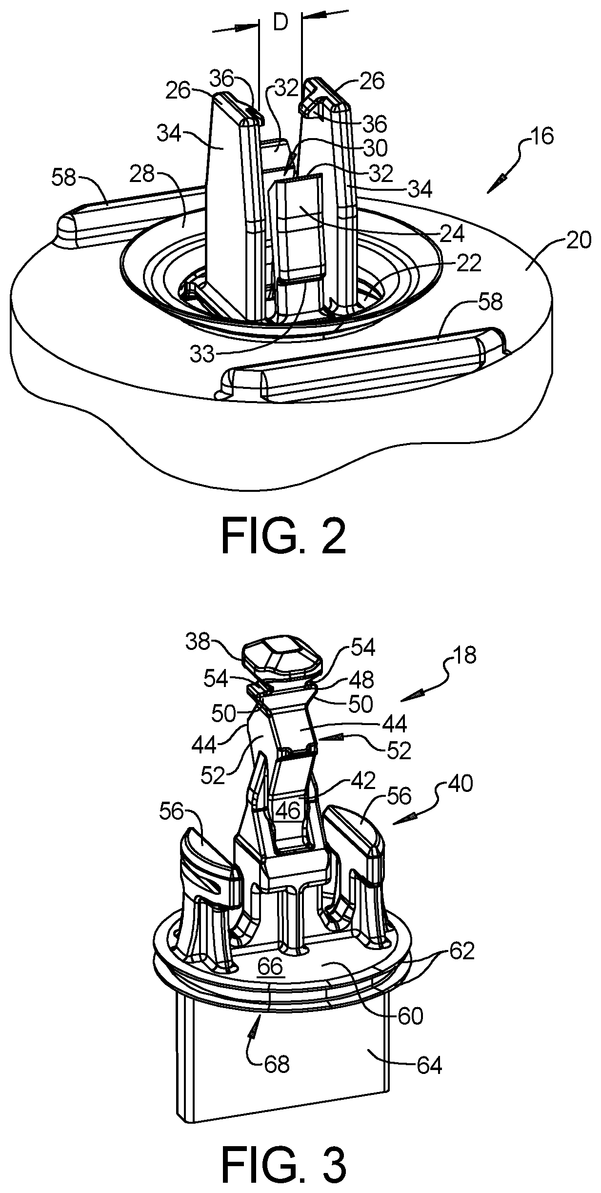 Patent US12326163 Figure 2 – Pin and grommet fastener including pin and grommet having panel retention fingers and pin retention fingers that cooperate with one another to define pin receptacle for receiving the pin
