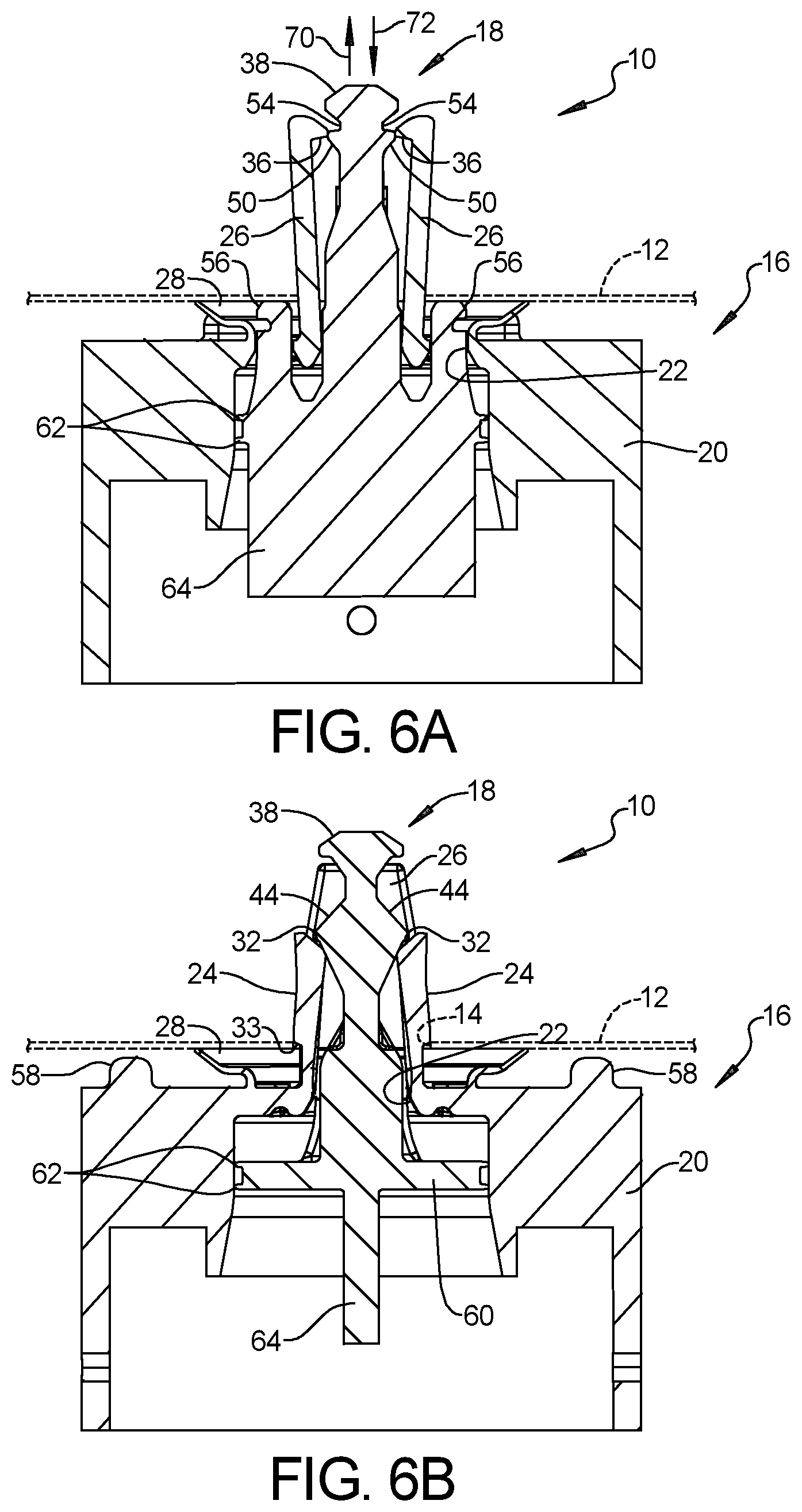 Patent US12326163 Figure 4 – Pin and grommet fastener including pin and grommet having panel retention fingers and pin retention fingers that cooperate with one another to define pin receptacle for receiving the pin