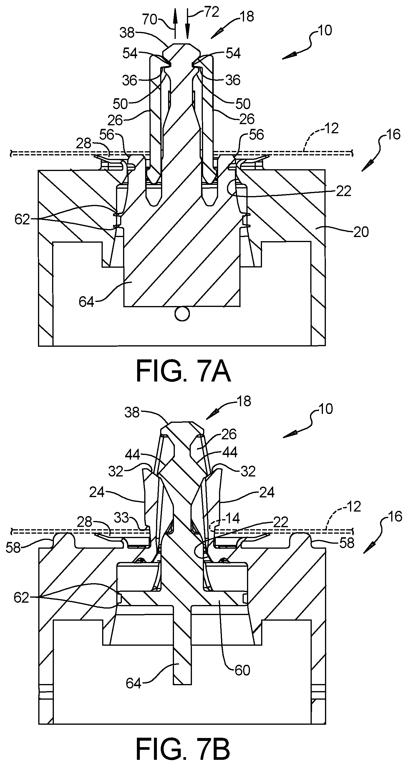 Patent US12326163 Figure 5 – Pin and grommet fastener including pin and grommet having panel retention fingers and pin retention fingers that cooperate with one another to define pin receptacle for receiving the pin