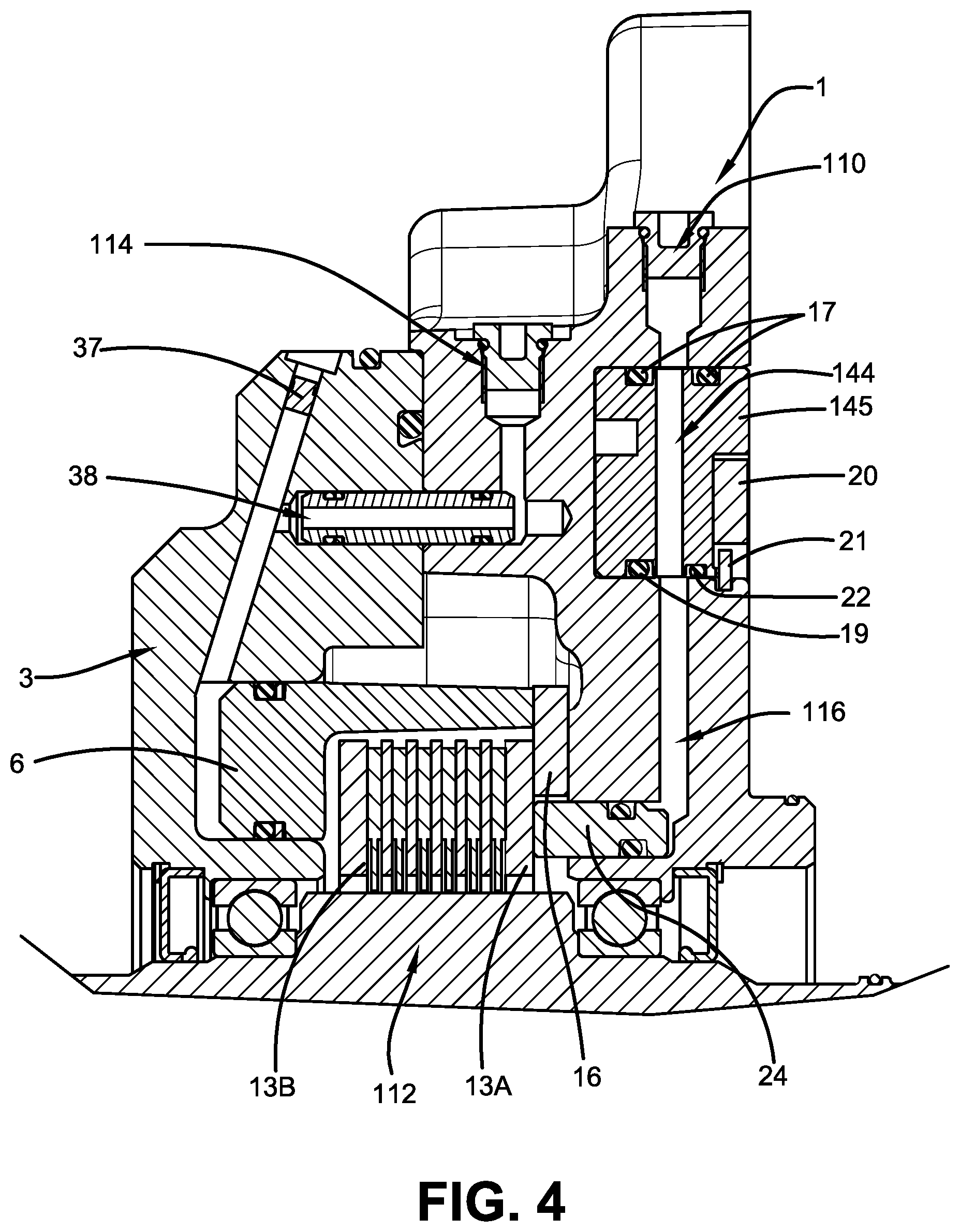 Patent US12326177 Figure 4 – Multi-disc brake having radial wear pin cartridge and integrated water jacket
