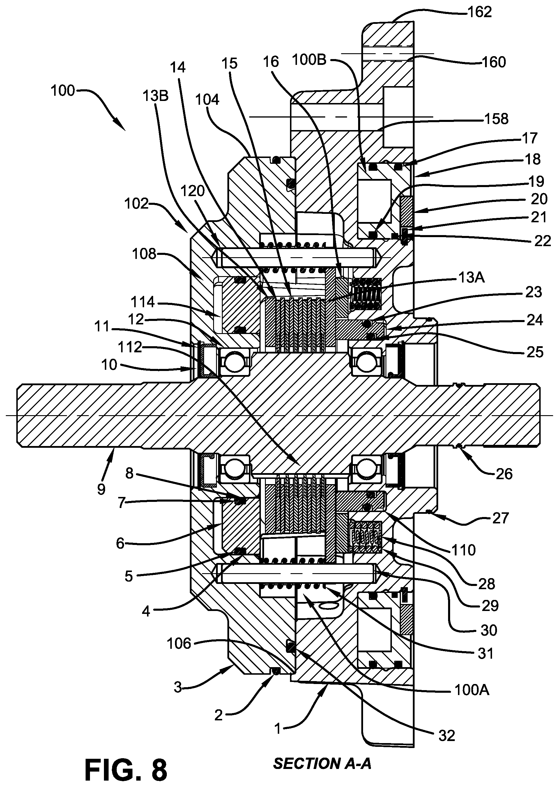 Patent US12326177 Figure 7 – Multi-disc brake having radial wear pin cartridge and integrated water jacket