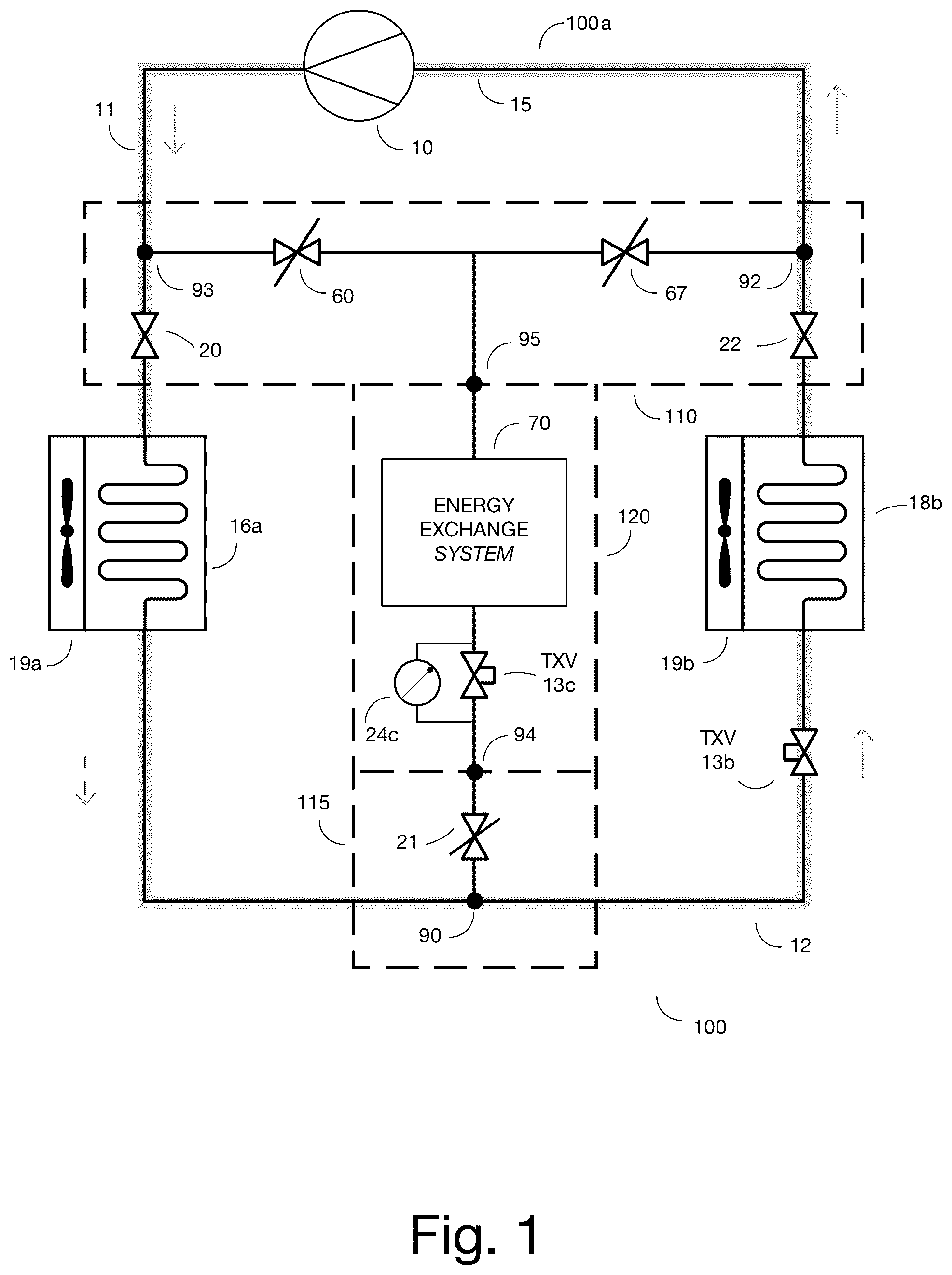 Patent US12326281 Figure 1 – Add-on apparatus for converting a conventional air-source refrigeration cycle for multiple heat transfer options